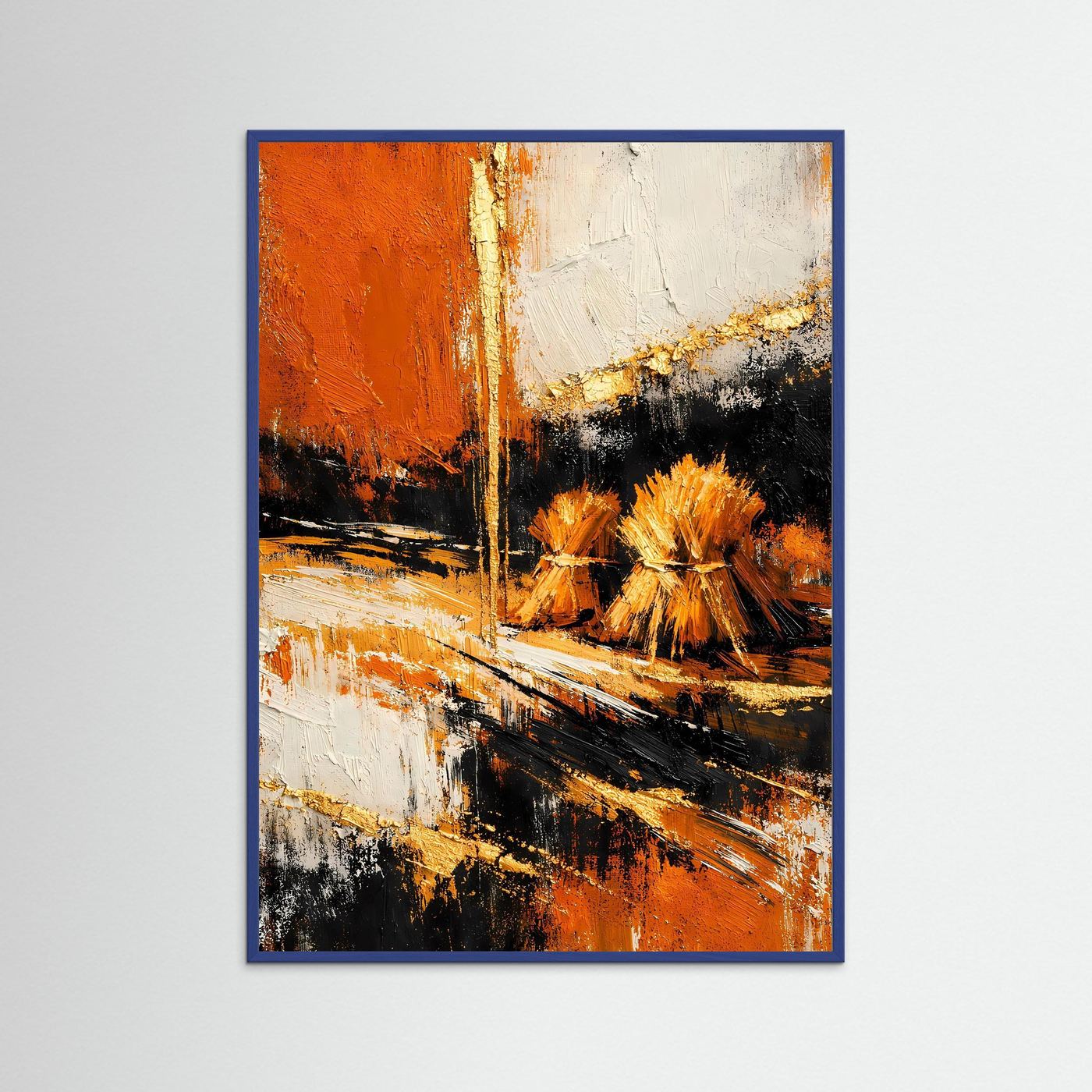Gerahmtes abstraktes Kornfeld-Poster mit orangefarbenem Kornfeld und schwarzen Pinselstrichen, Hochformat