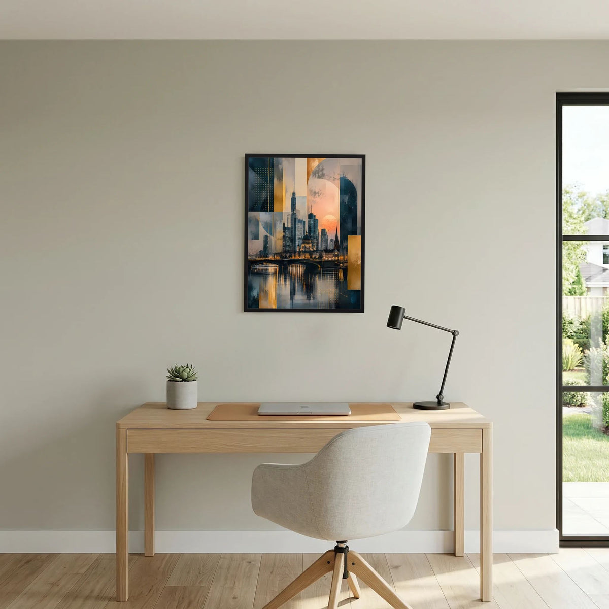 Gerahmtes Hochformat-Poster mit Stadtsilhouette am Wasser in Gold und Petrol