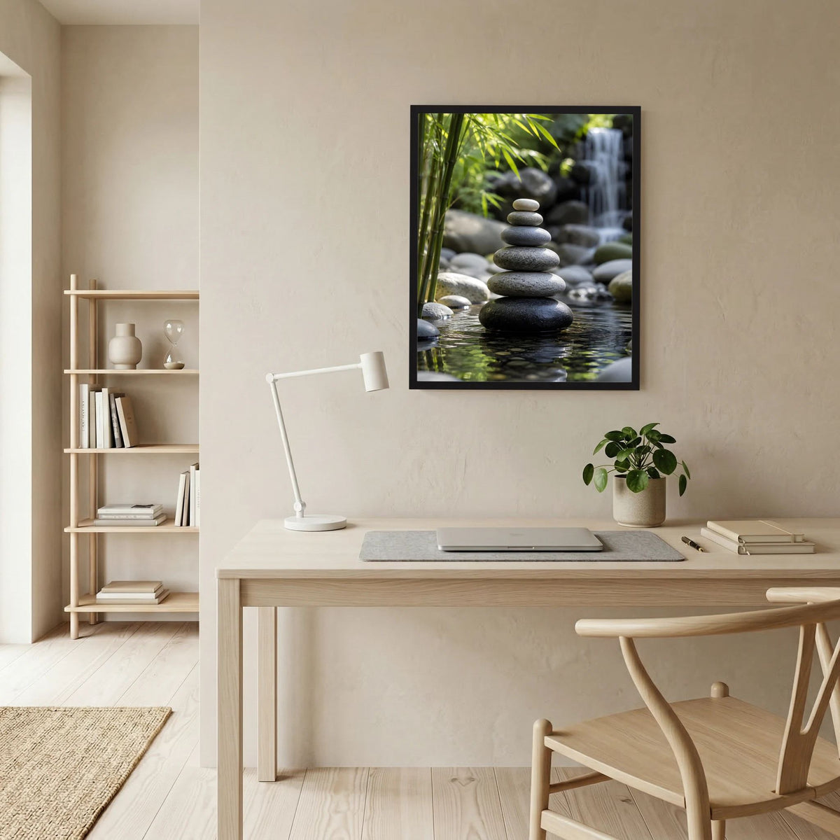 Hochformatiges gerahmtes Kunstposter mit Steinturm, Bambus und Wasserfall im Zen-Stil
