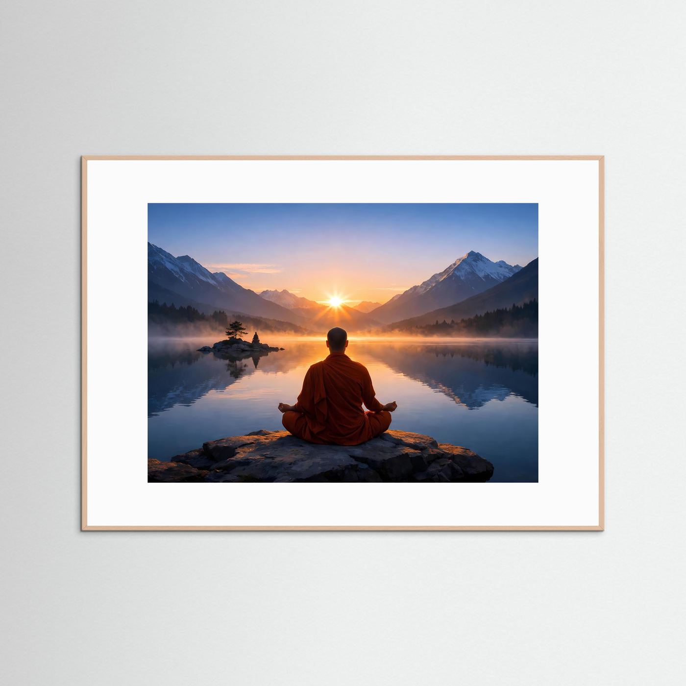 Poster mit meditierendem Mönch am See bei Sonnenaufgang, hellbrauner Rahmen, Querformat