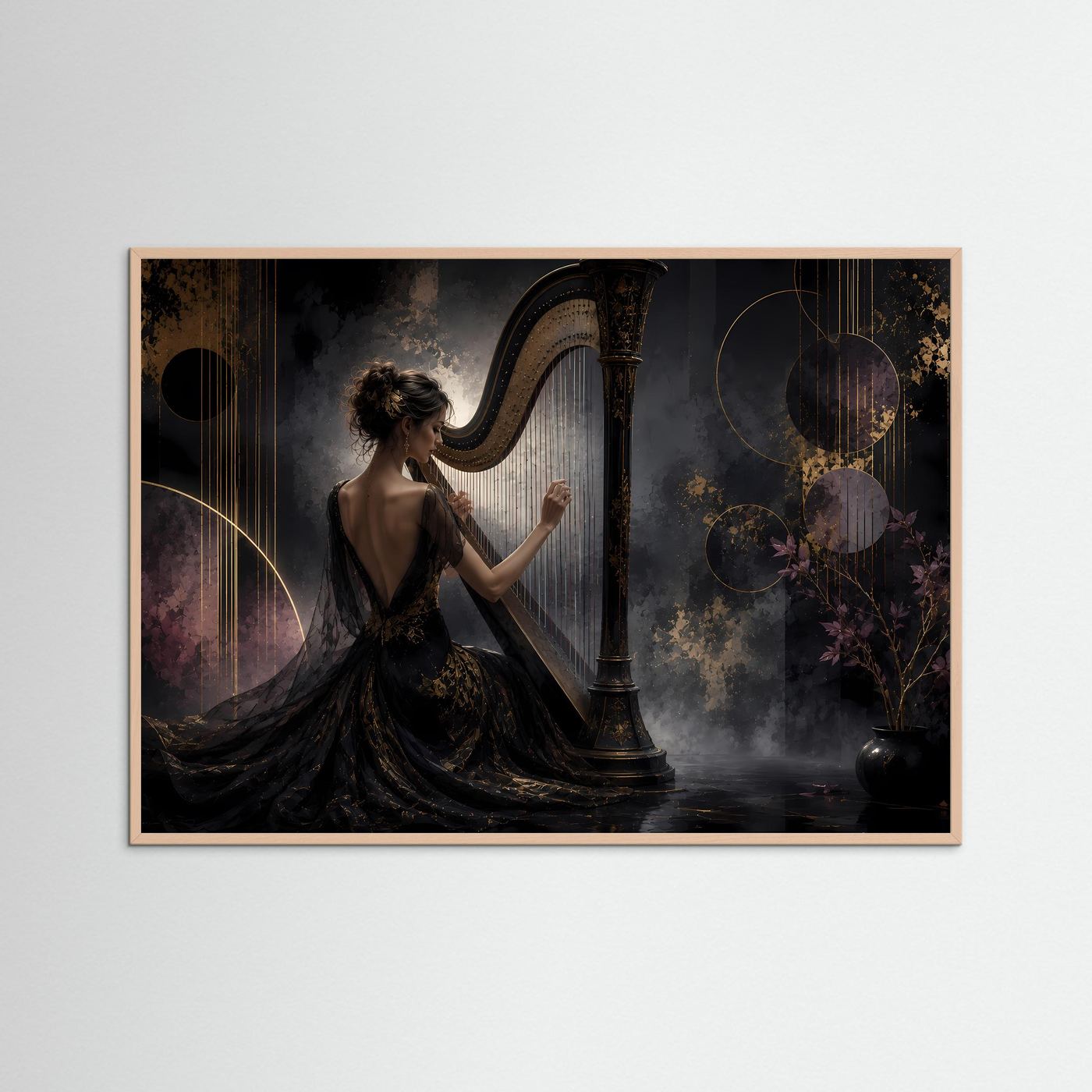 Elegante Harfenklänge in Schwarz & Gold | Klassische Musik & Luxus Poster Querformat