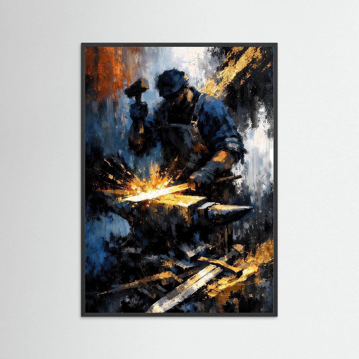 Gerahmtes Hochformat-Kunstposter: Schmied am Amboss, blau-goldene Flammen, dunkel abstrakt