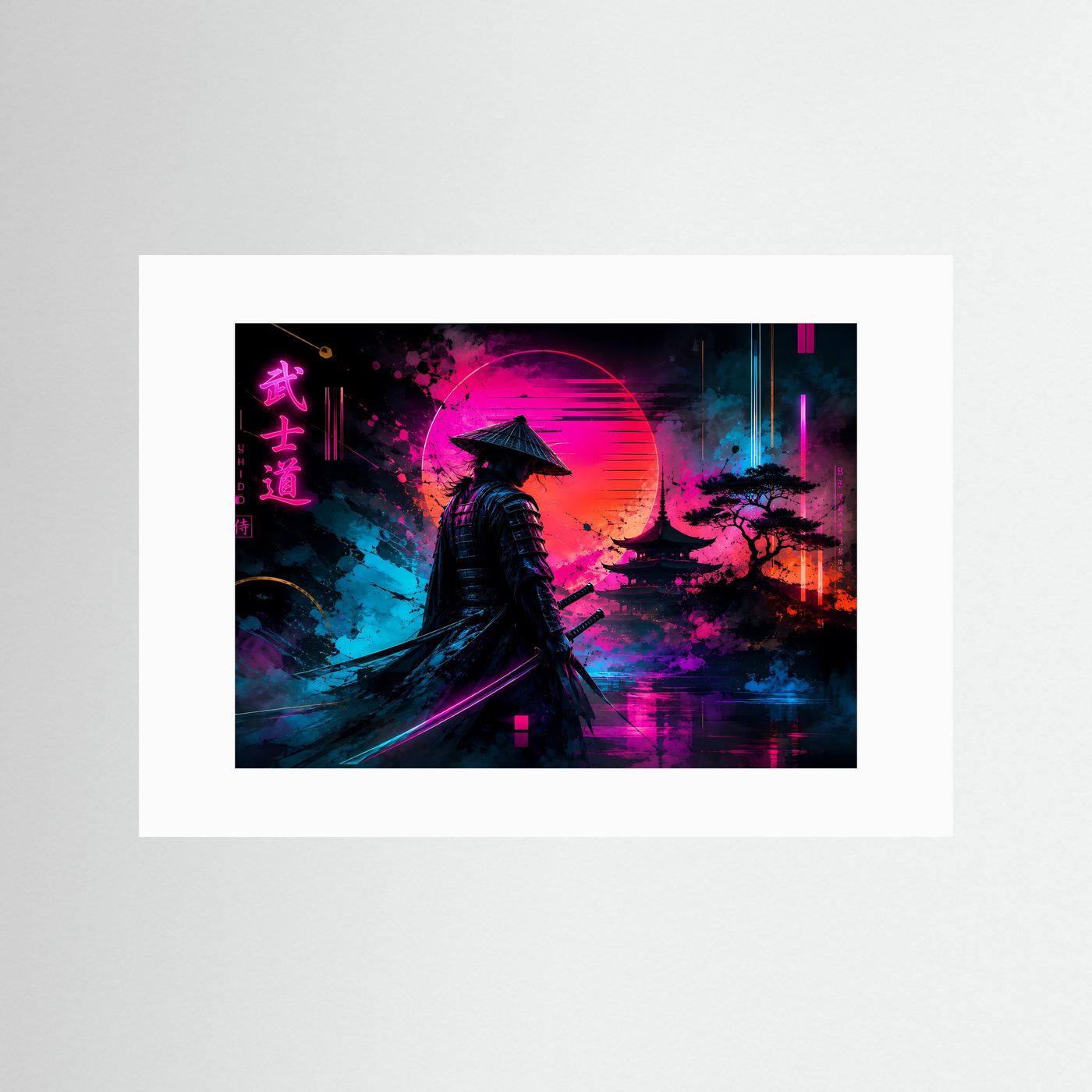 Neon-Samurai-Poster mit weißem Passepartout, Querformat: Samurai mit Schwert, Pink/Blau