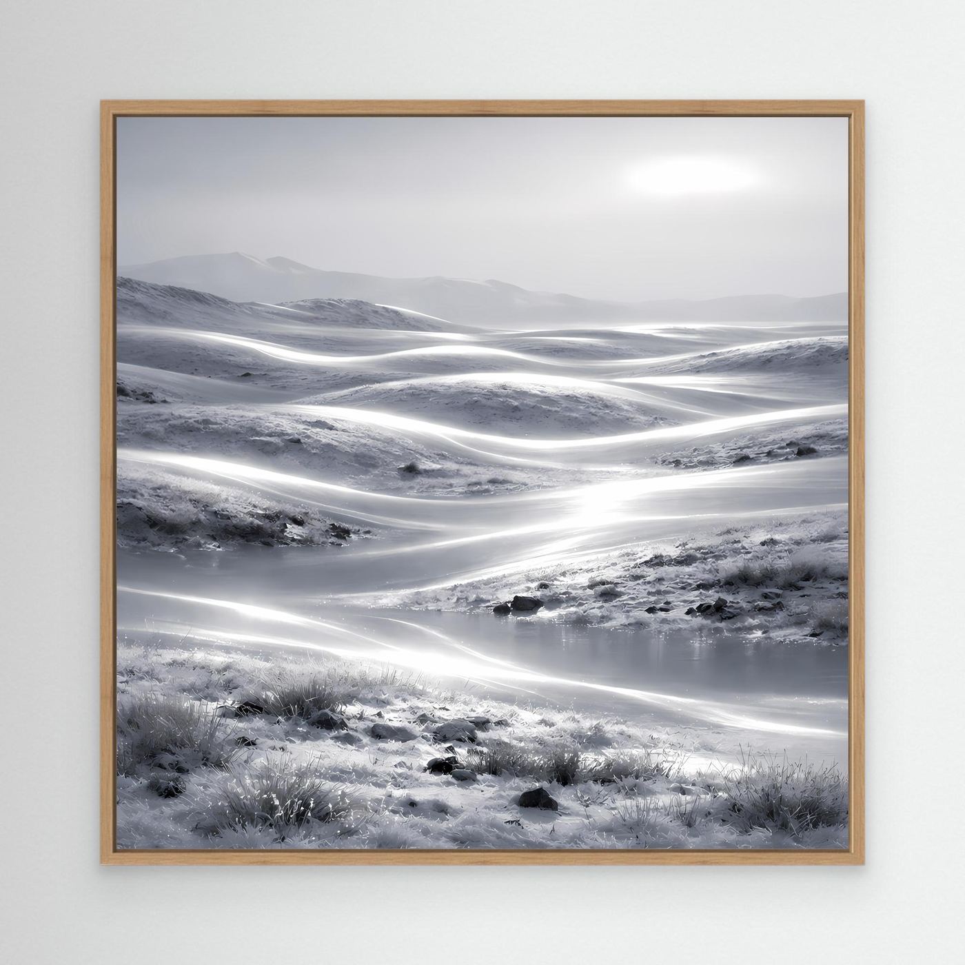 Leinwandbild Winterlandschaft mit Eichenrahmen, schneebedeckte Hügel und Lichtstreifen