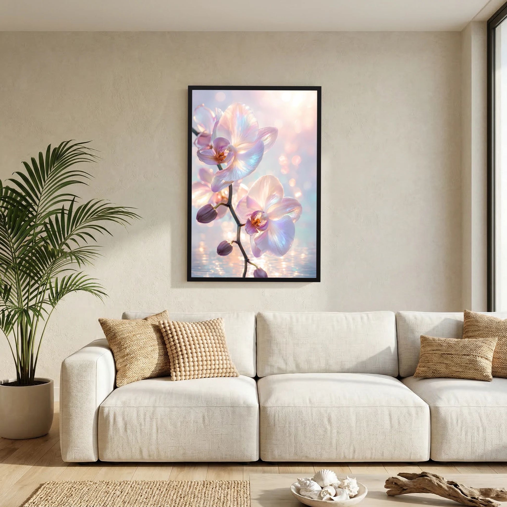 Orchideen-Kunstposter im schwarzen Rahmen mit schimmernden Pastellblüten und Lichtreflexen