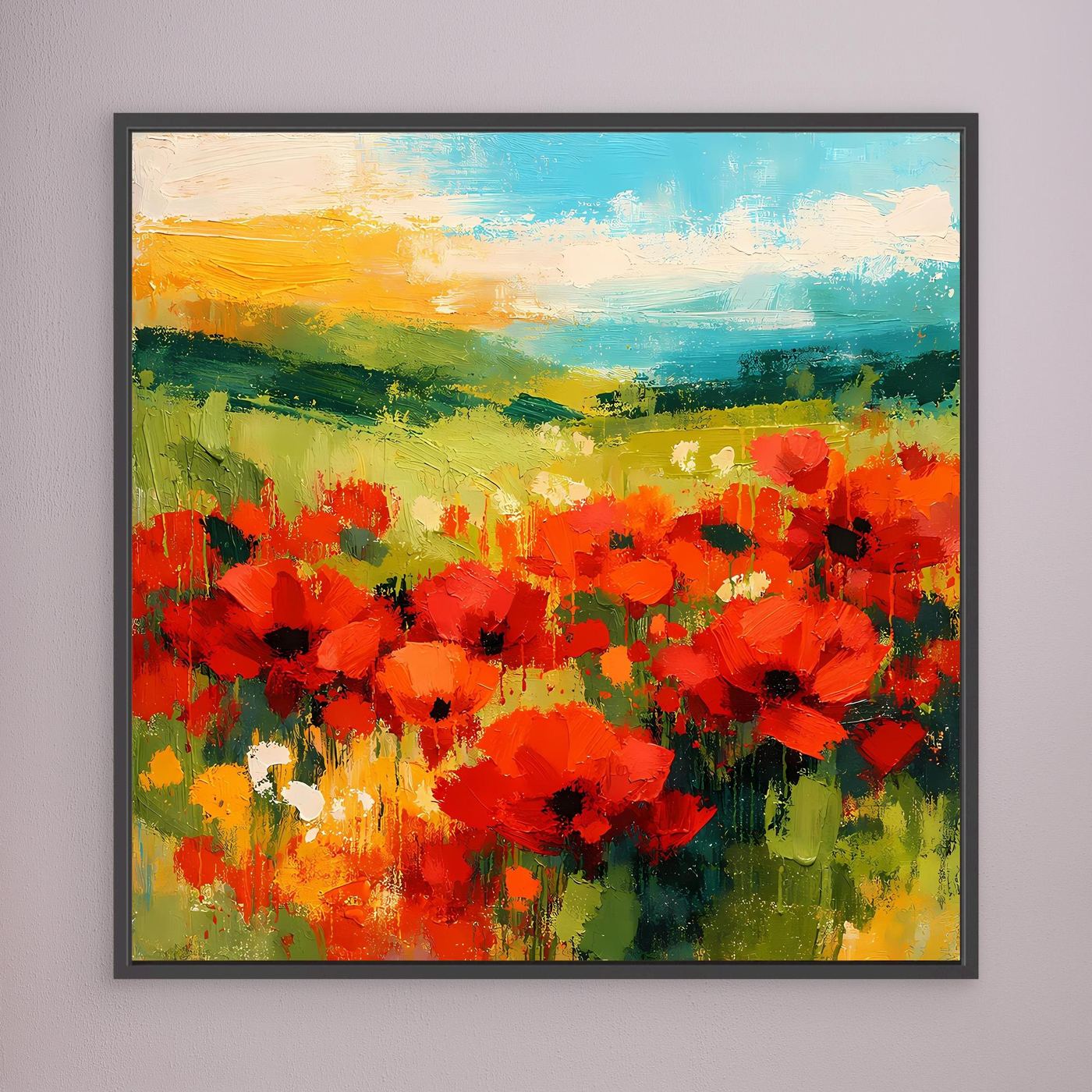 Abstract landscape wall art with red poppies, green fields, and blue sky; black frame