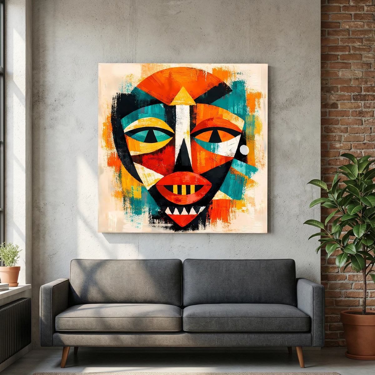 Leinwandbild mit abstrakter afrikanischer Maske, geometrisches Motiv in Orange, Grün und Rot