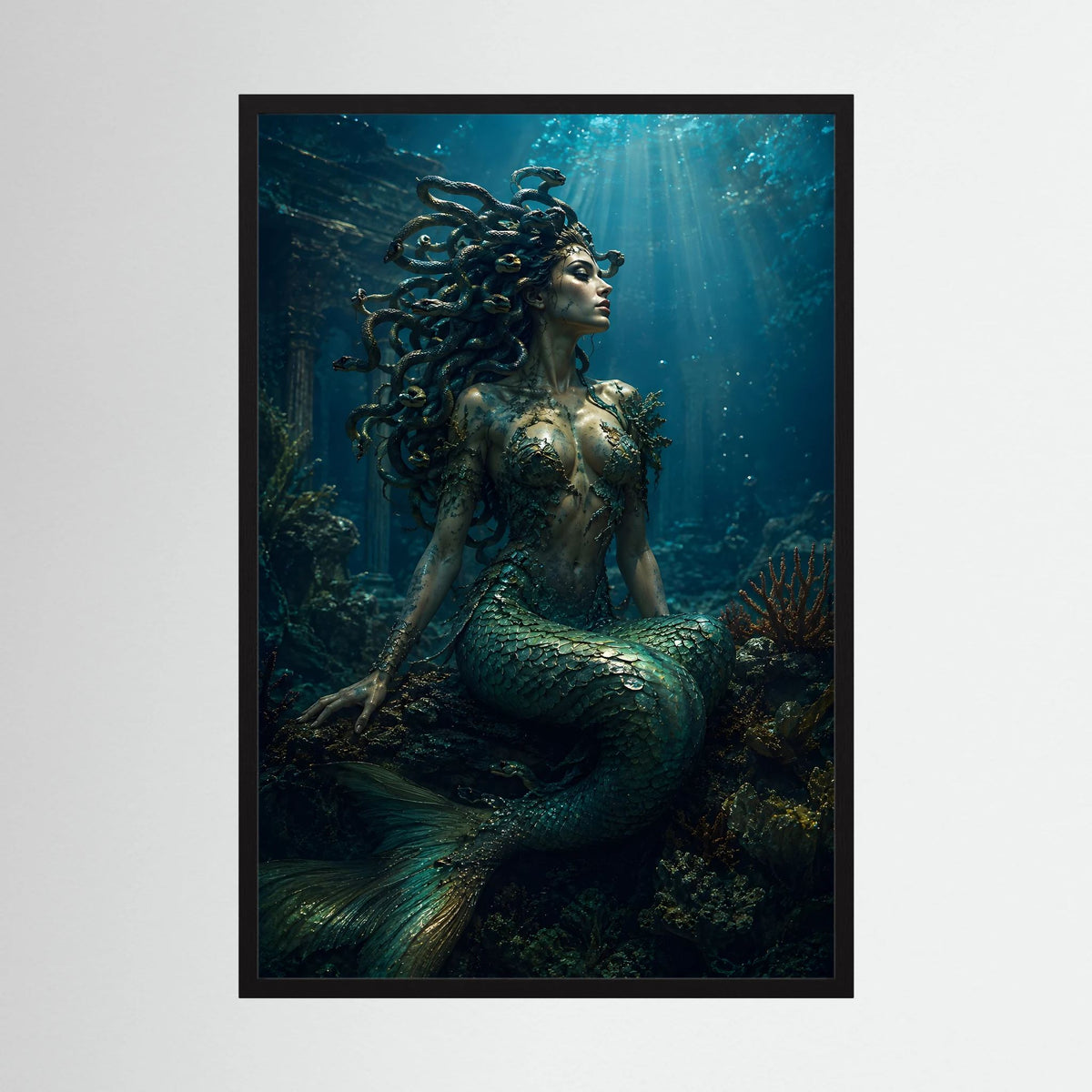 Fantasy-Poster mit Meerjungfrau in Smaragd & Türkis, Schlangenhaar, schwarzer Rahmen