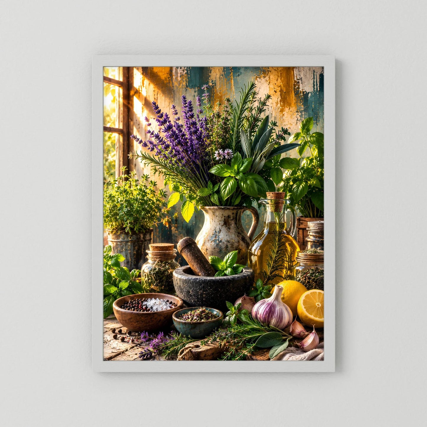 Poster mit Kräuter-Stillleben in Töpfen: Lavendel und Basilikum, darunter Gewürze