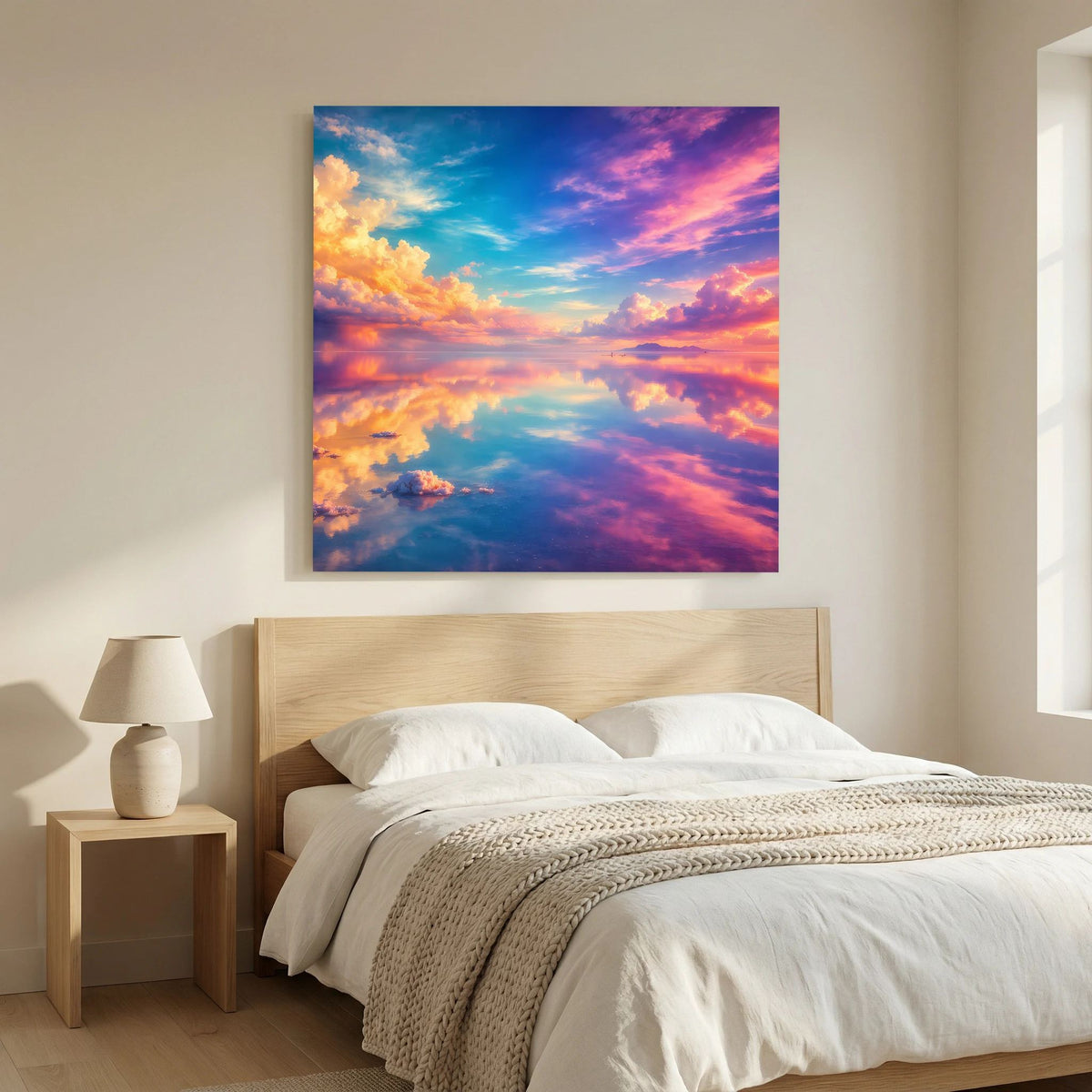 Leinwandbild auf Holzkeilrahmen mit Spiegelungsbild des Himmels und bunten Wolken