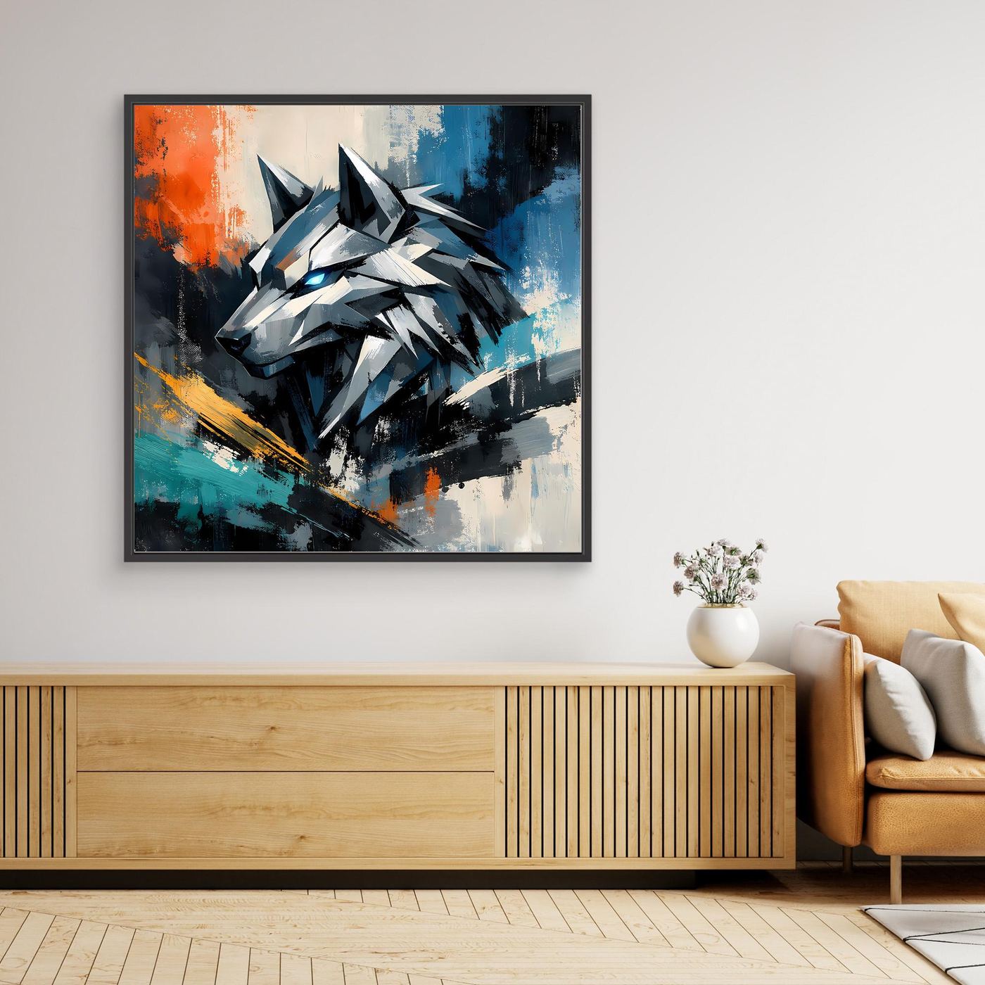 Geometrisches Cyber-Wolf-Wandbild auf Leinwand mit schwarzem Rahmen