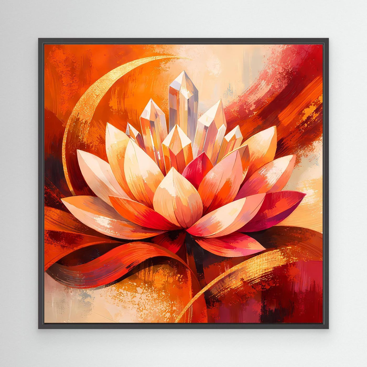 Leinwandbild mit abstrakter Lotusblüte in Orange und Rot, mit schwarzem Rahmen