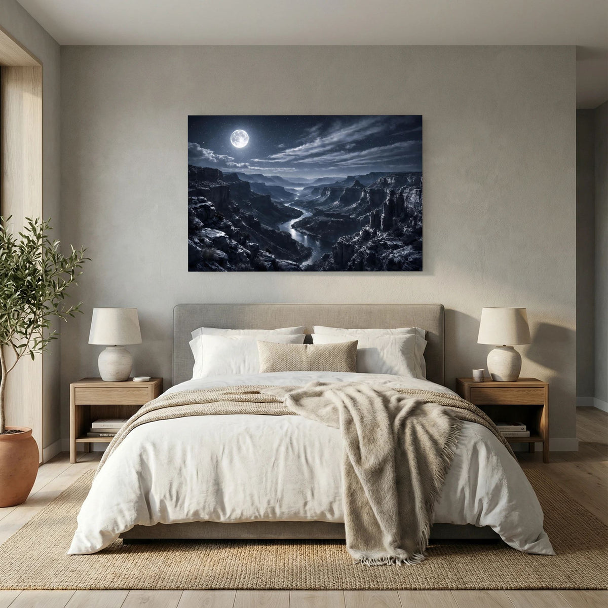 Wandposter im Querformat: Mond über Canyonlandschaft mit gewundenem Fluss in der Nacht