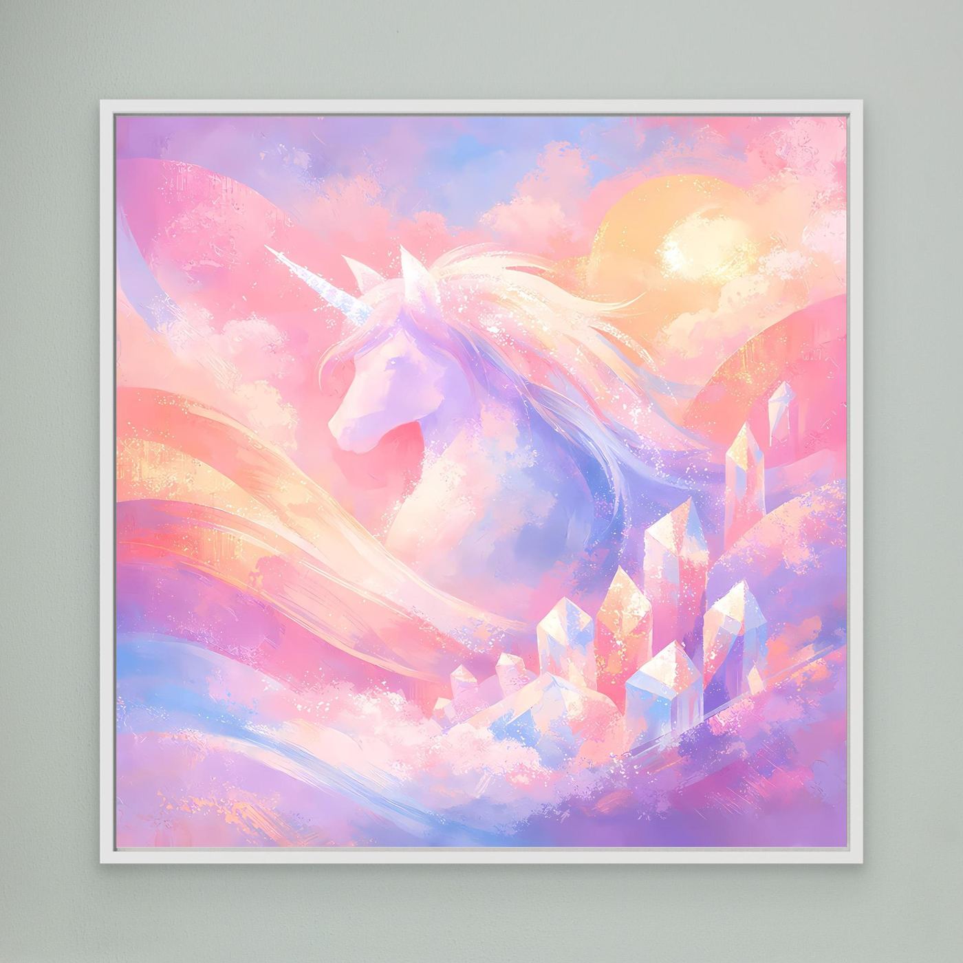 Leinwandbild mit Einhorn-Motiv in Pastellfarben, mit weißem Rahmen