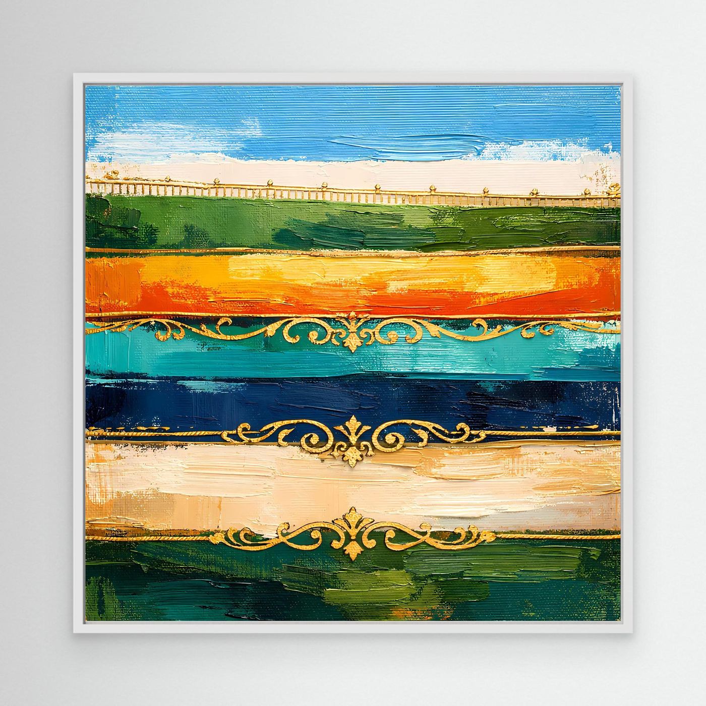 Leinwand Elegante Abstrakte Farbstreifen | Modernes Wandbild mit Goldornamenten