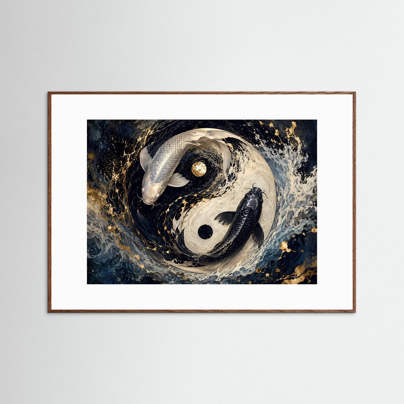 Koi Fische Yin Yang in Schwarz Weiß & Gold | Asiatische Zen Wandkunst