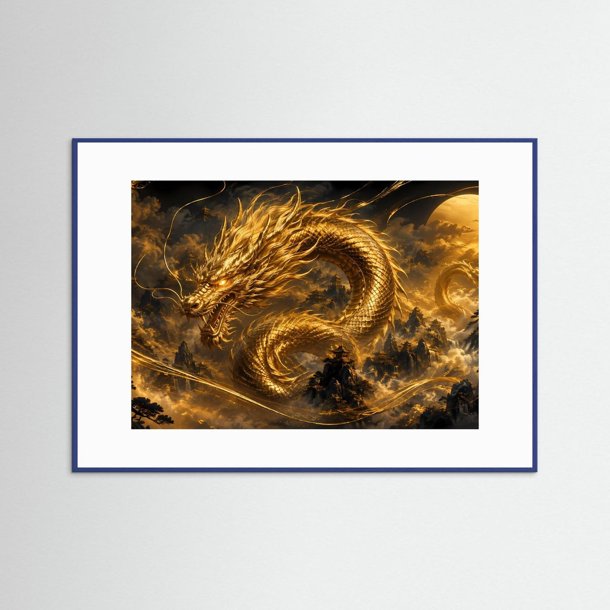 Querformat-Poster mit goldenem Drachen über Tempelbergen, dunklem Hintergrund