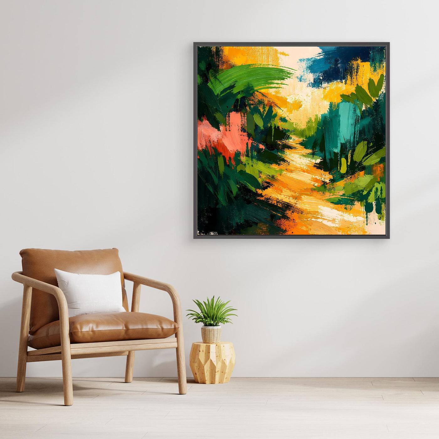 Framed abstract nature wall art with green, blue, yellow, and orange paint strokes