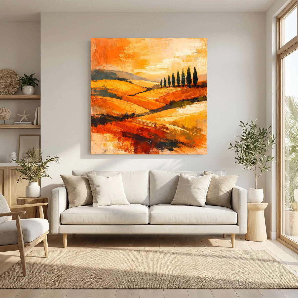 Leinwand-Wandbild mit Holzrahmen: warme orange und gelbe Pinselstriche mit Zypressen-Silhouetten.