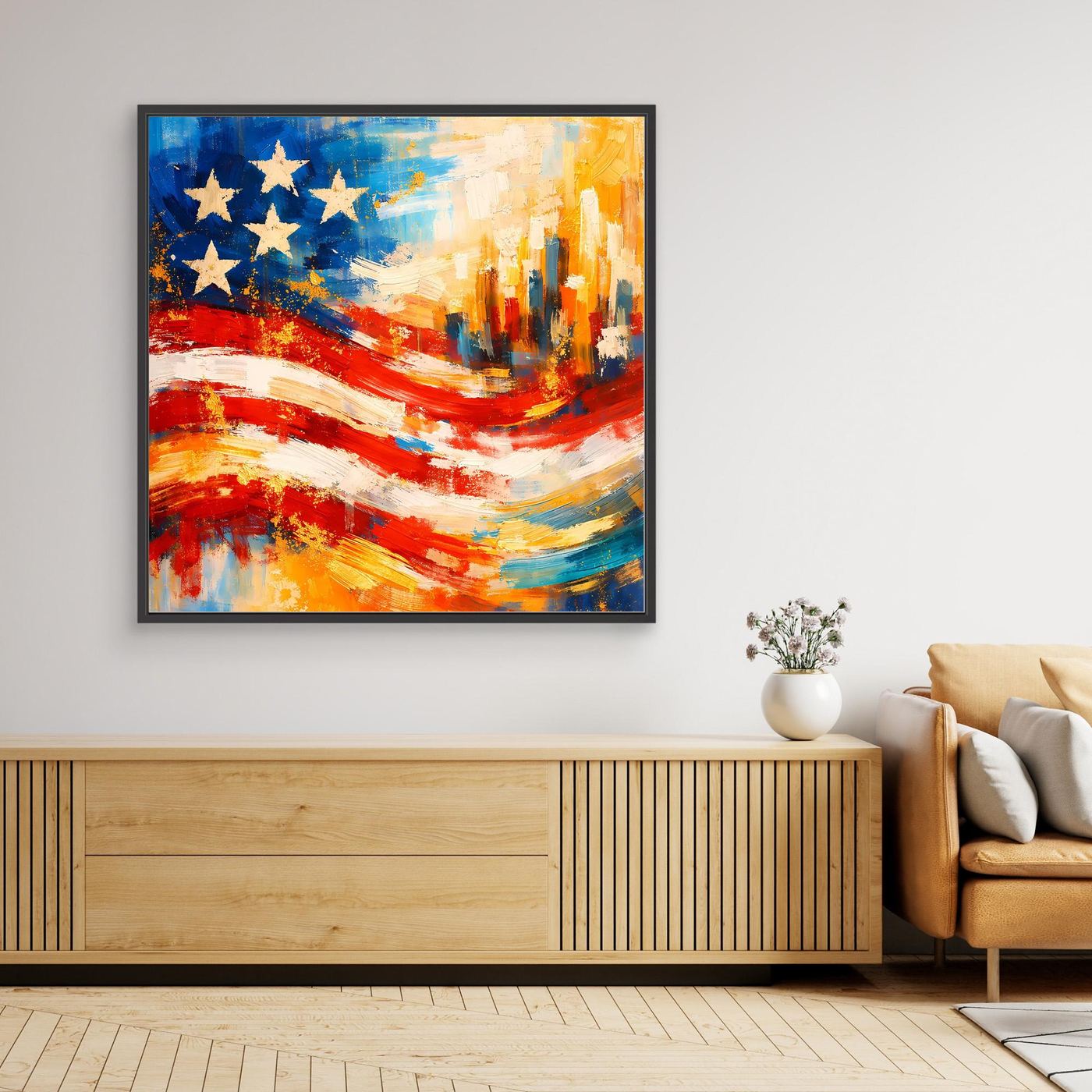 Leinwandbild abstrakte US-Flagge mit Skyline, Blau Sterne, Rot/Gold Streifen, schwarz gerahmt