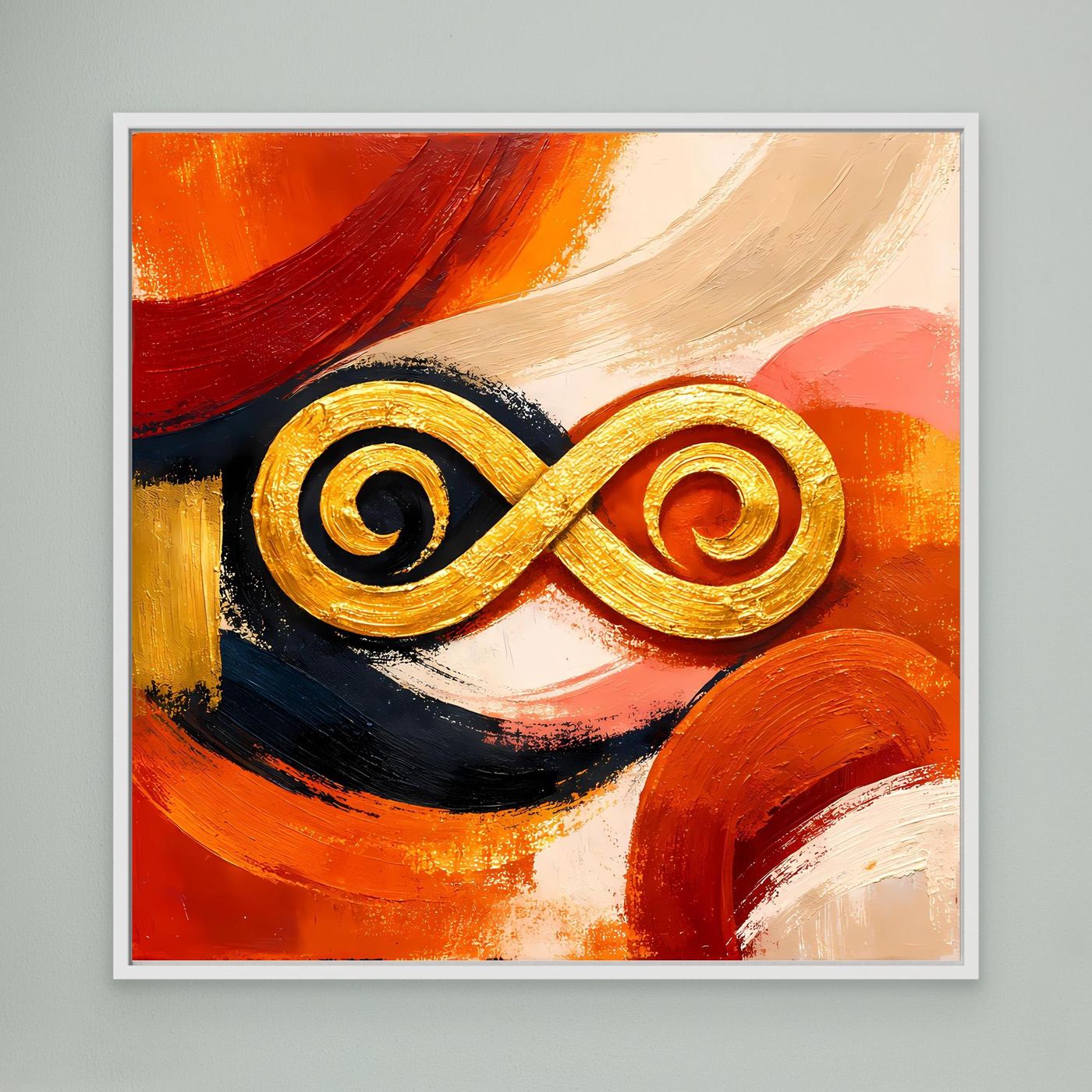 Leinwandbild mit goldenem Unendlichkeitszeichen im abstrakten Orange-Rot-Muster, weißer Rahmen