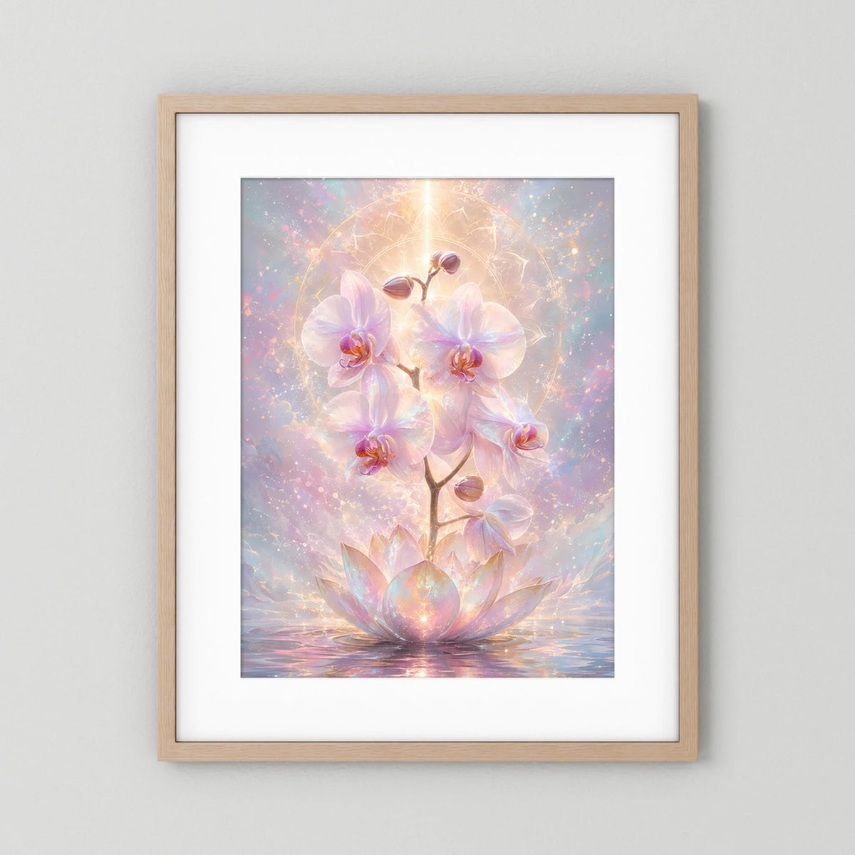 Hochformat-Poster mit Orchideen- und Lotusblüten in Pastell, Gold-Glanz, heller Holzrahmen