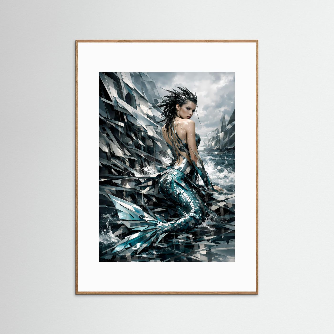 Meerjungfrau-Poster mit türkisfarbenen Schuppen und dunklem Meer, im kupferbraunen Holzrahmen