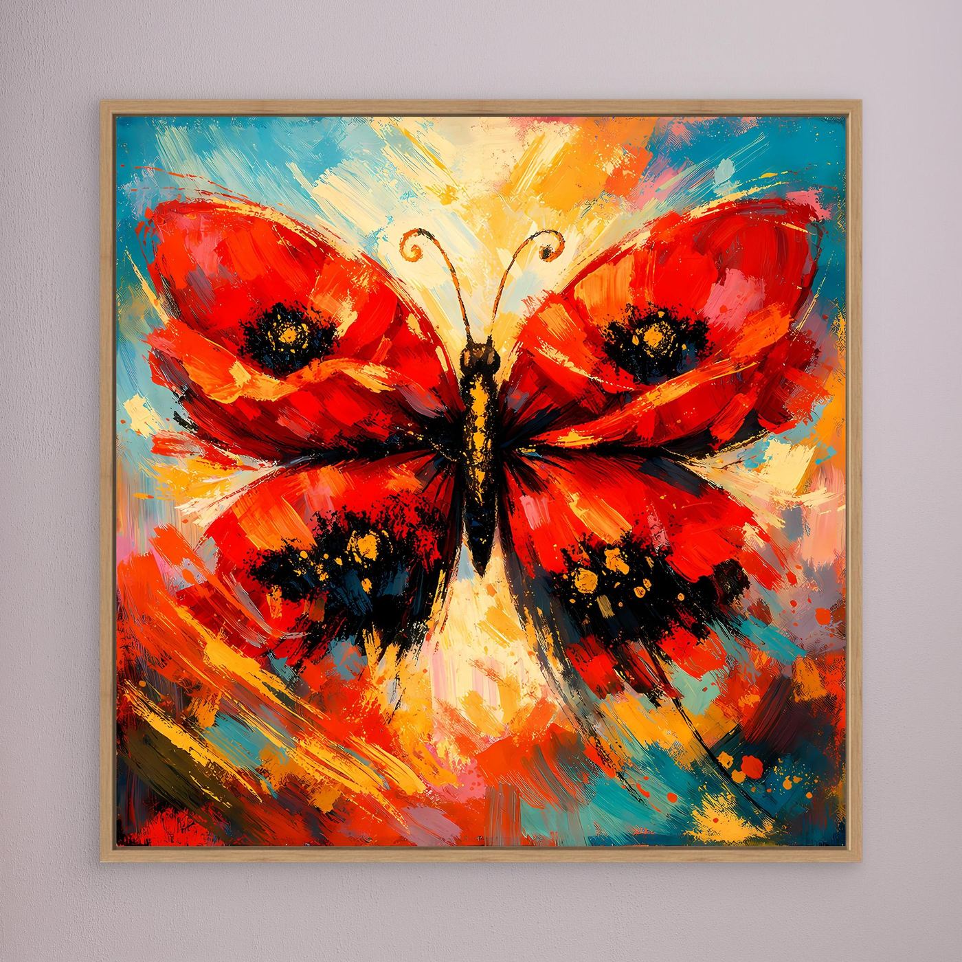 Quadratisches Leinwandbild Schmetterling, rot-blau abstrakt, braunem Holzrahmen.