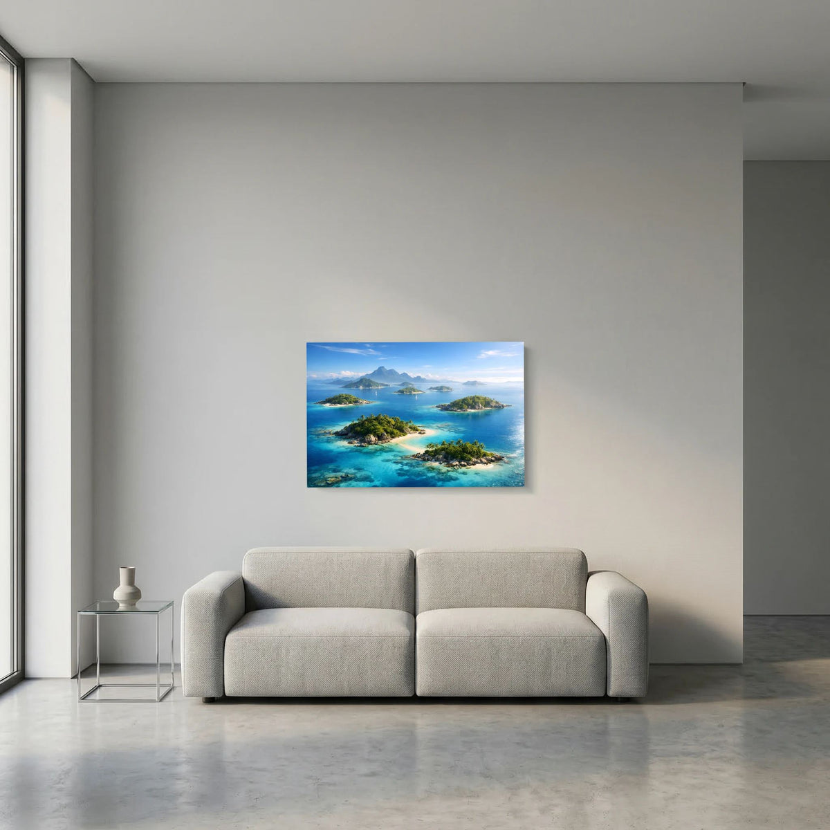 Querformat-Wandbild mit tropischen Inseln, türkisblauem Meer und Bergen im Hintergrund