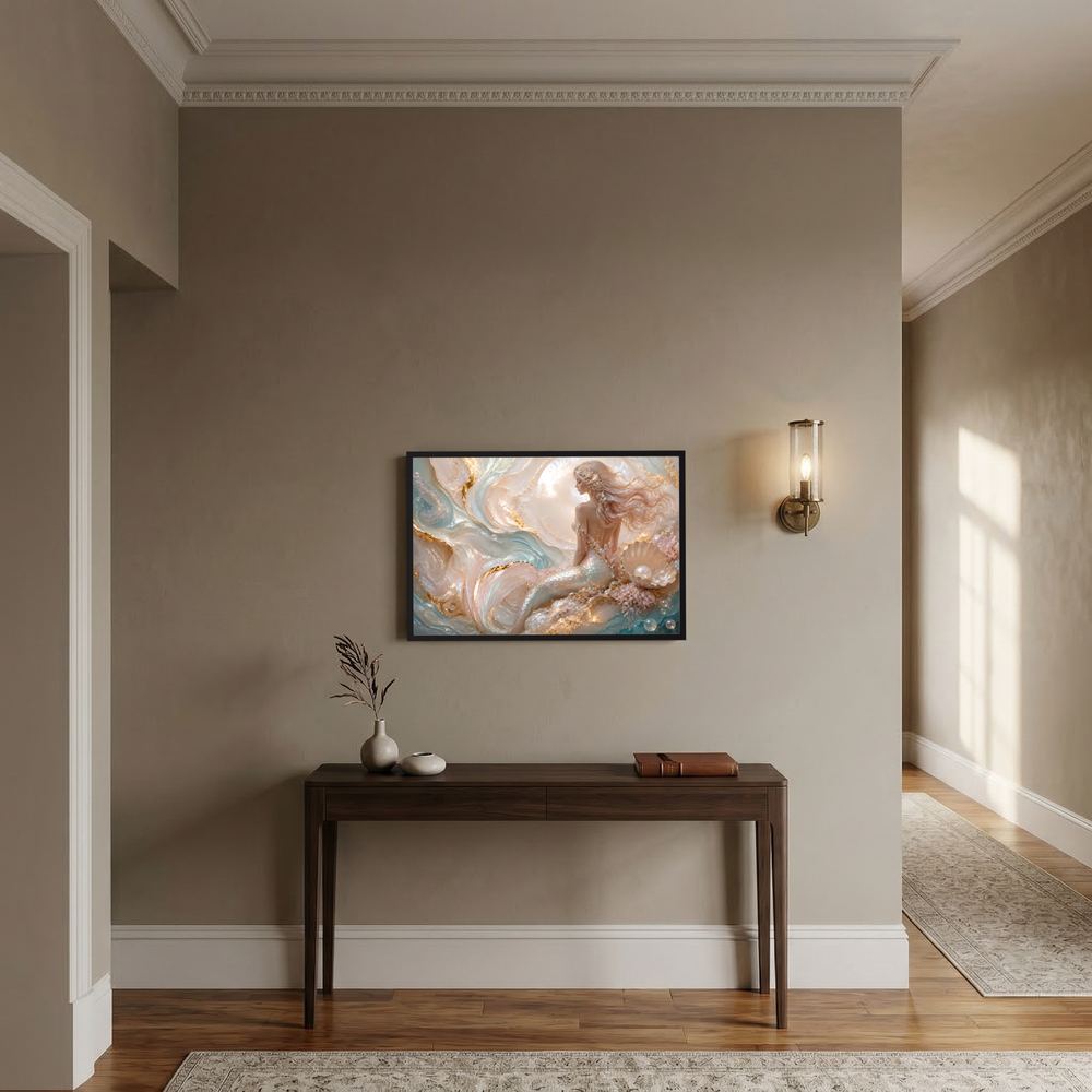 Gerahmtes Meerjungfrauen-Poster (Querformat) mit Muscheln und Perlen in Perlmuttfarben