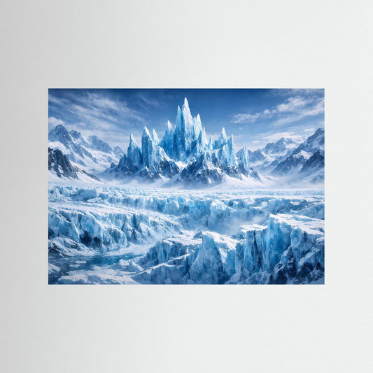 Querformatposter mit Gletscherbergpanorama und Eiskristallen, blaues Fantasy-Motiv
