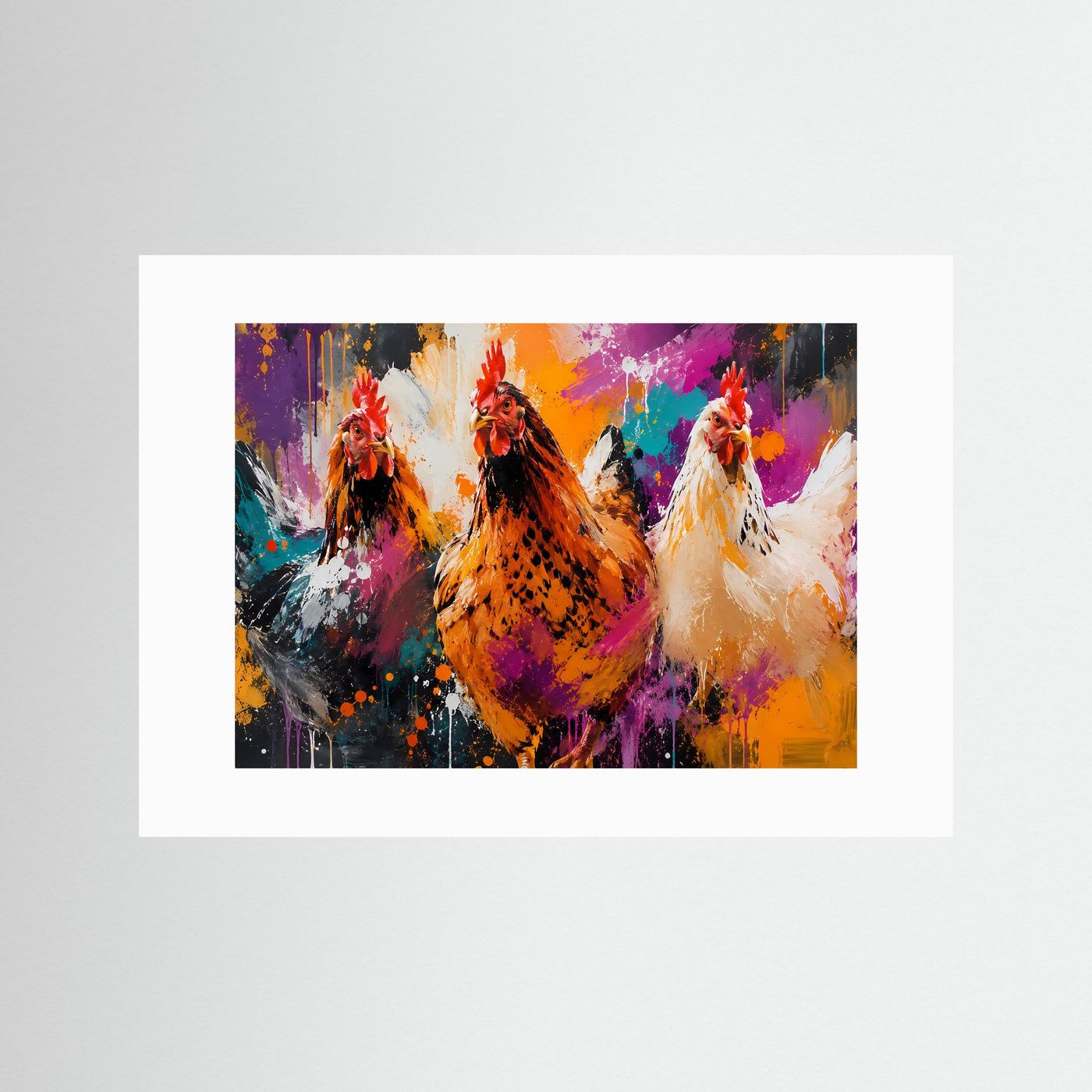 Hühner Poster Modern | Bunte Bauernhof Kunst | Abstraktes Hennen Wandbild | Farbintensive Tierillustration | Leinwand Landhaus Deko