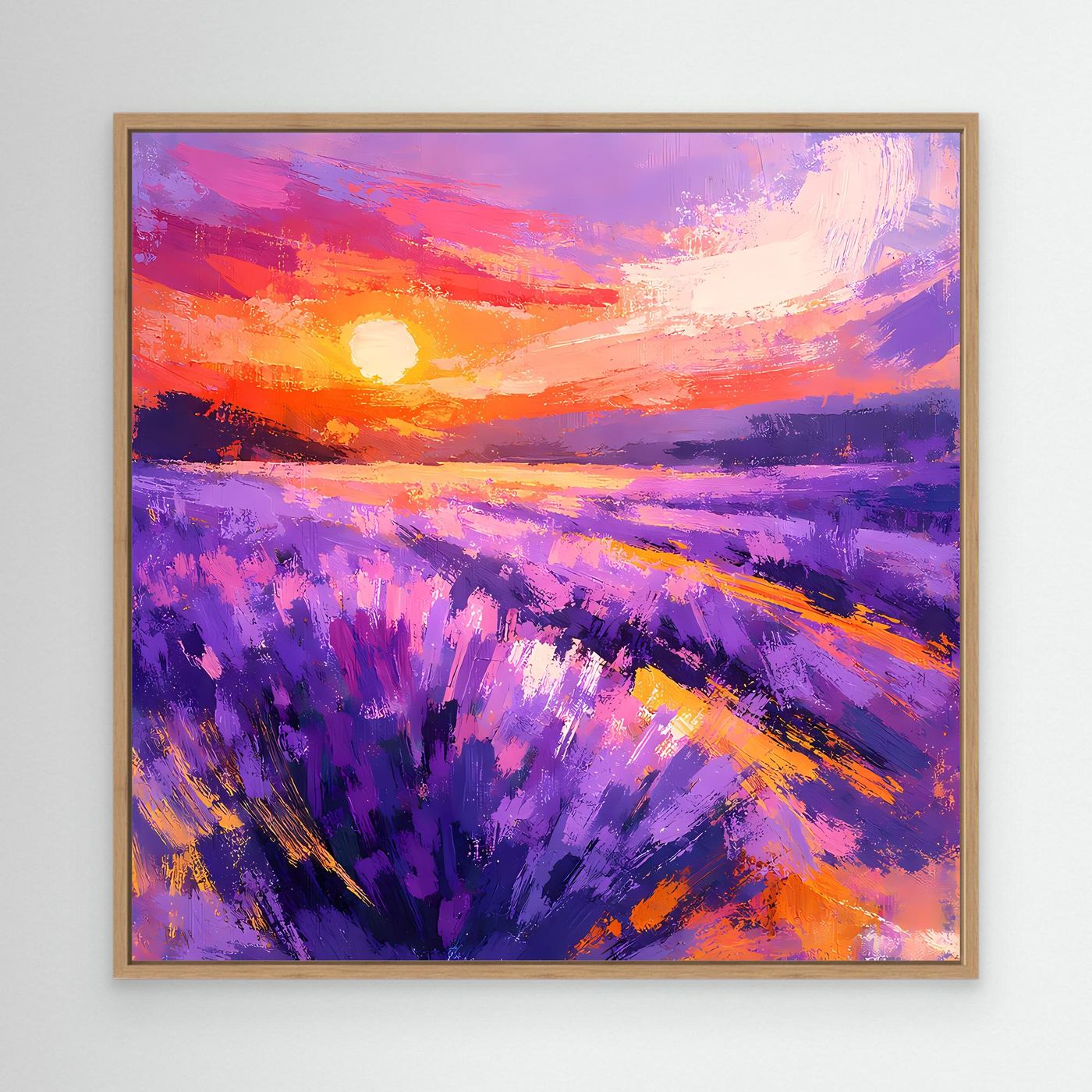 Abstract lavender field sunset canvas wall art with oak frame and purple brushstrokes