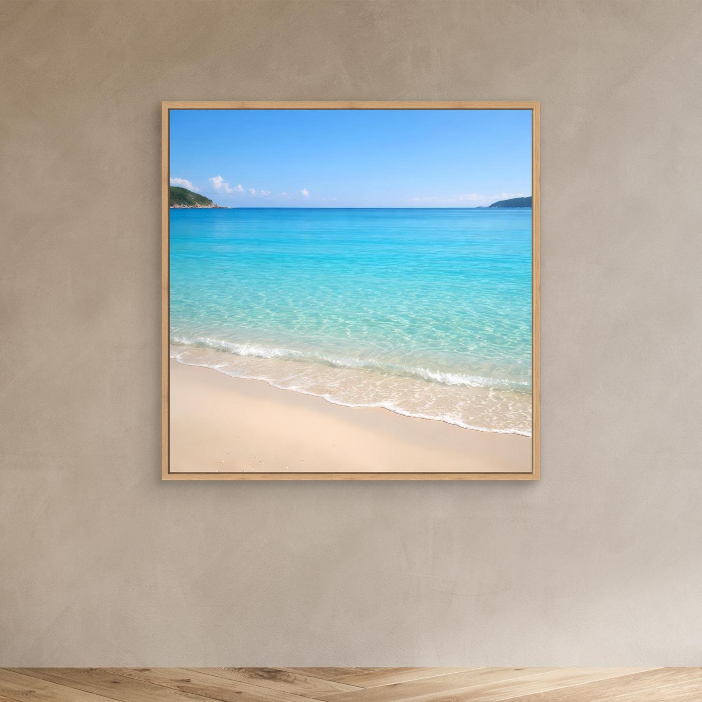 Leinwandbild Strandlandschaft mit türkisfarbenem Wasser im Eichenrahmen