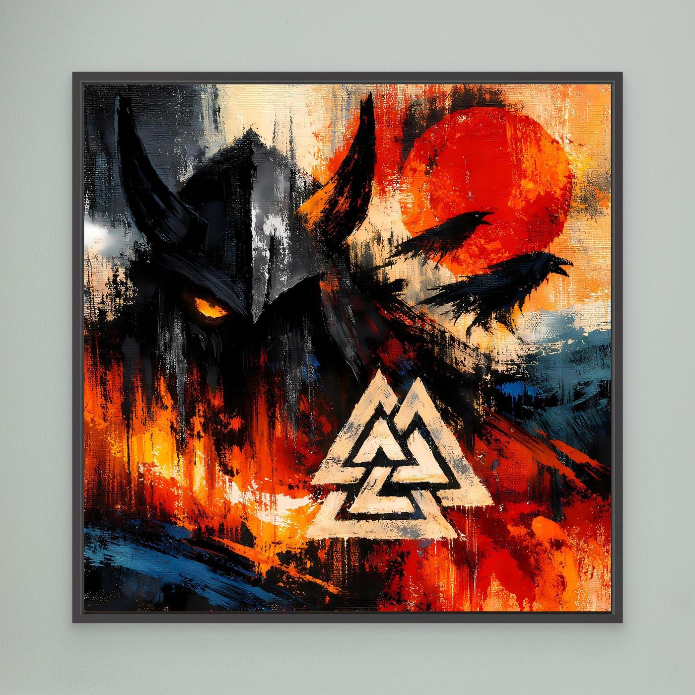 Wandbild im schwarzen Rahmen mit schwarzem Vogel, roter Sonne und weißem Valknut-Symbol