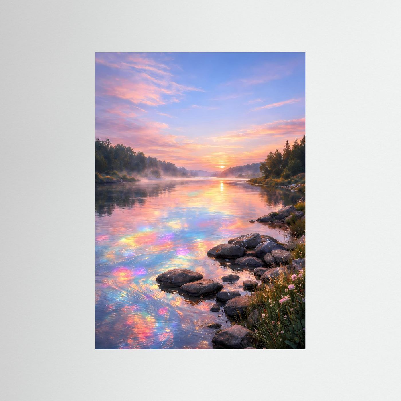 Fluss-Poster im Hochformat mit Regenbogenreflexion am Sonnenaufgang, ohne Rahmen