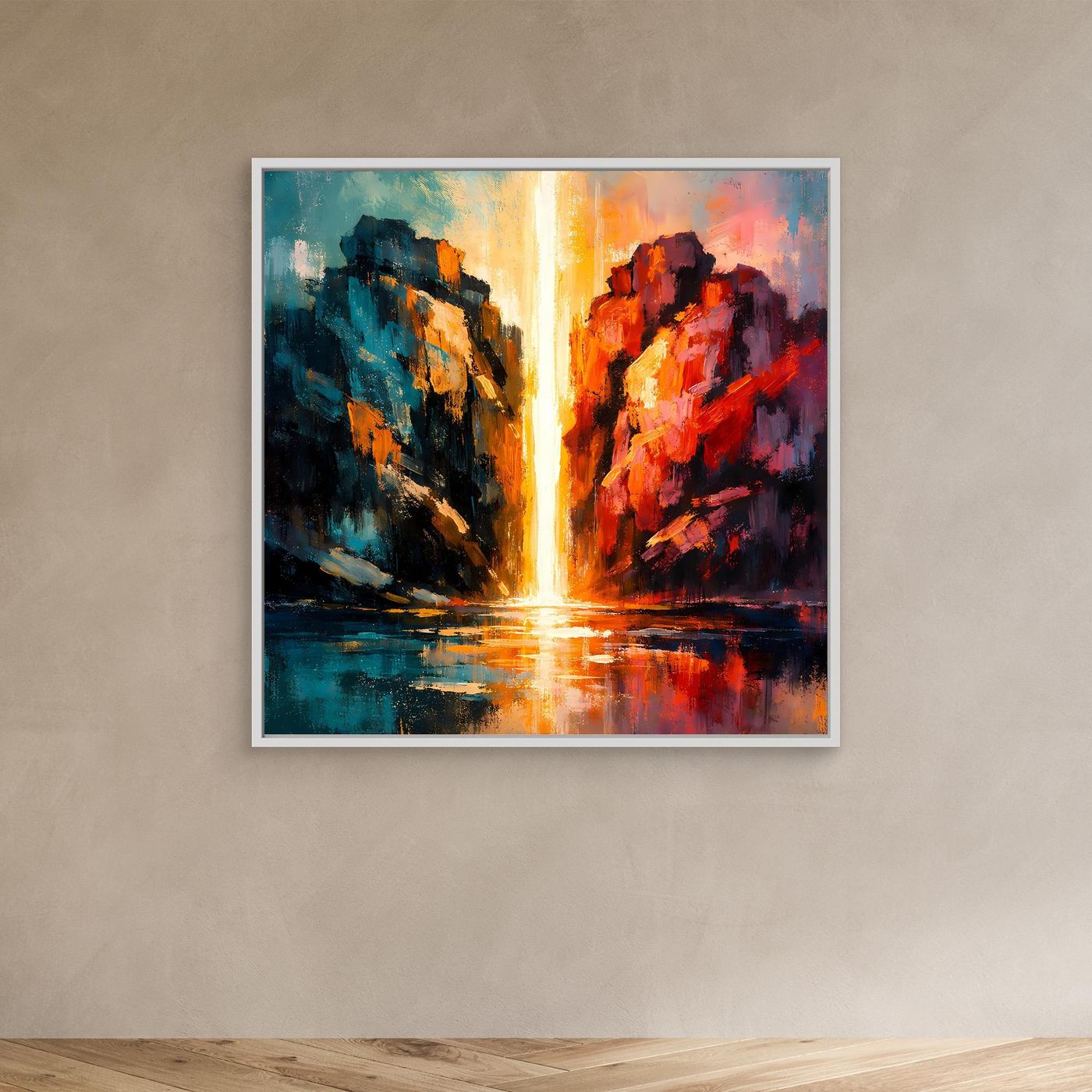 Premium Leinwand Magischer Lichtwasserfall im Canyon | Abstraktes Natur Wandbild farbenfroh
