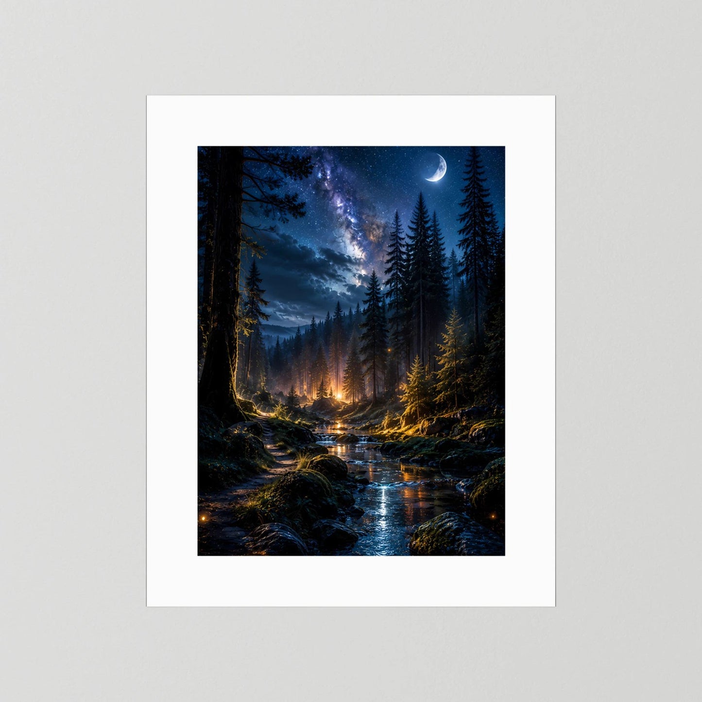 Poster Hochformat mit weißem Passepartout: nächtlicher Wald und leuchtender Bach