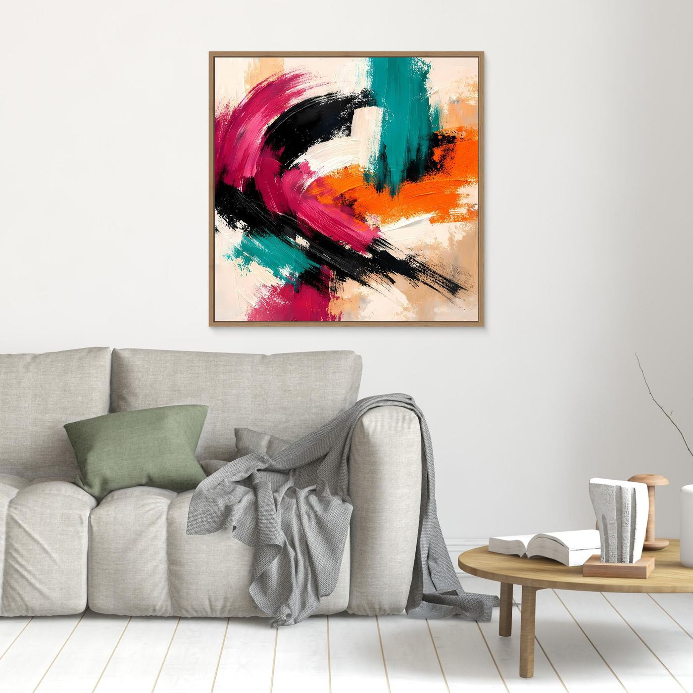 Wandbild mit abstrakten Pinselstrichen in Pink, Türkis und Orange, goldener Rahmen