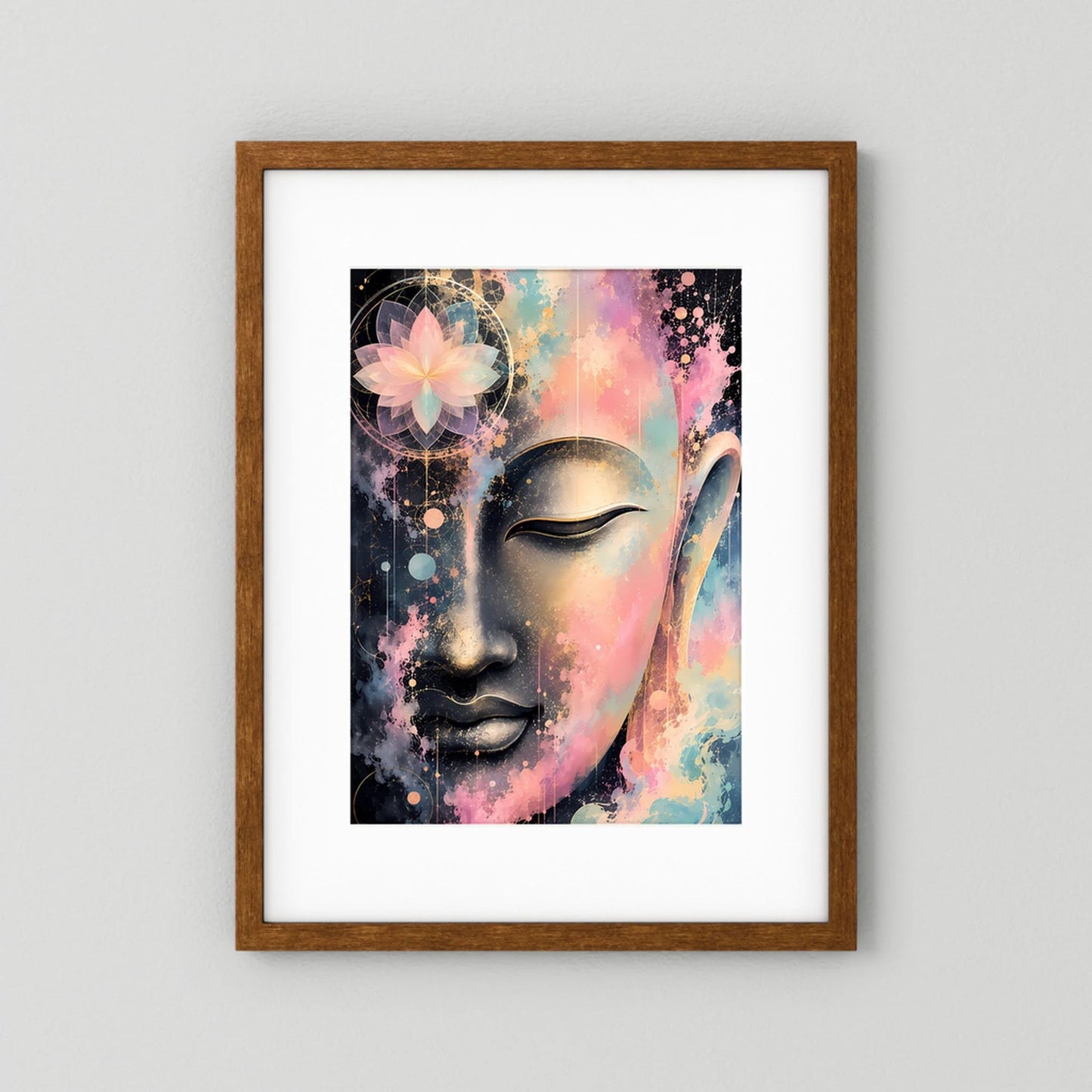 Kunstposter mit abstraktem Buddha-Gesicht in Pastell, Gold- und Schwarzakzenten im braunen Holzrahmen