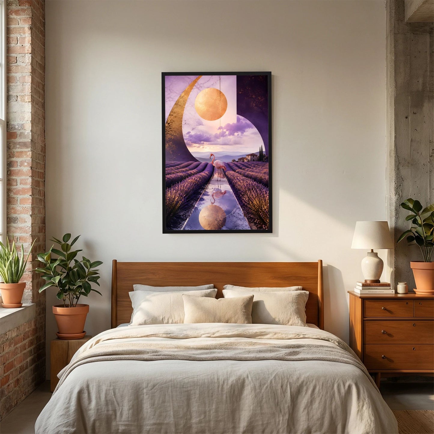 Kunstposter Flamingo im Lavendelfeld, violette surreale Landschaft, schwarzer Rahmen
