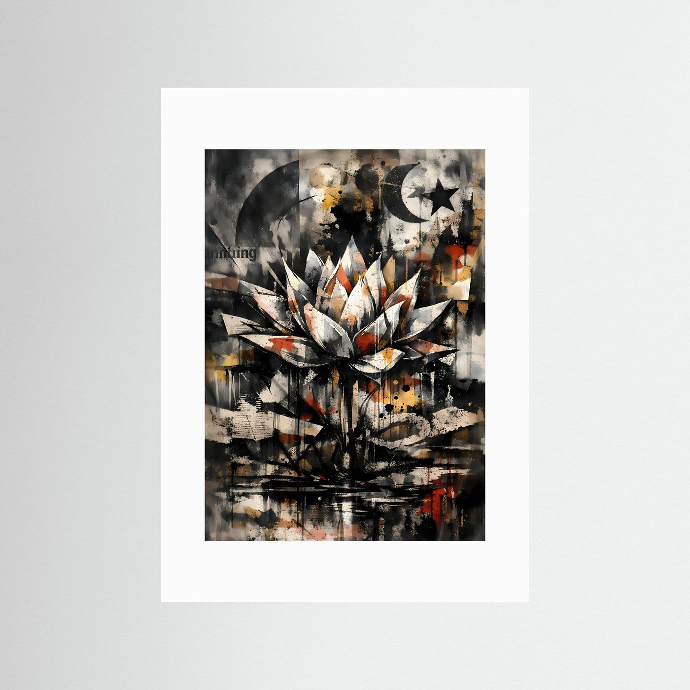 Abstraktes Poster mit Lotusblüte im Mondschein, weißes Passepartout, Hochformat