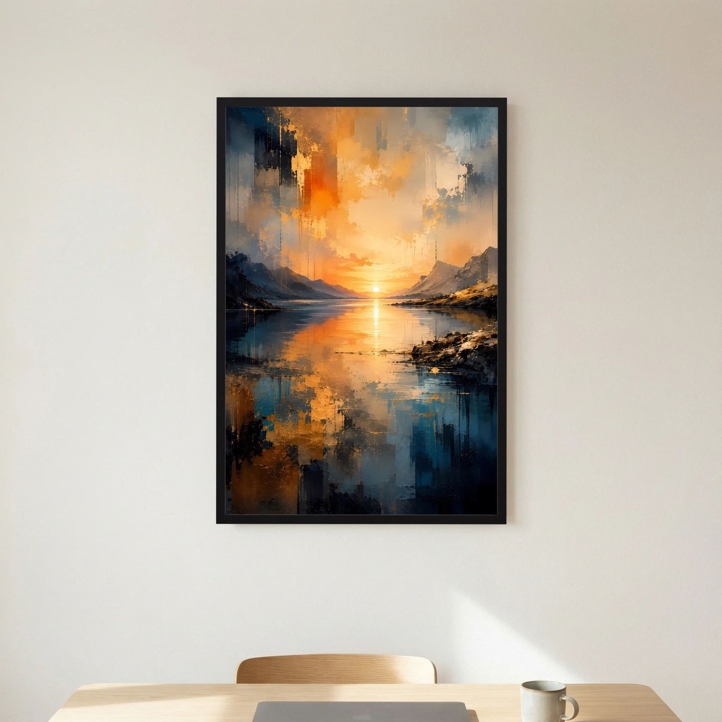 Hochformat-Poster mit abstraktem Seeufer und Bergen, goldener Sonnenuntergang in Blau