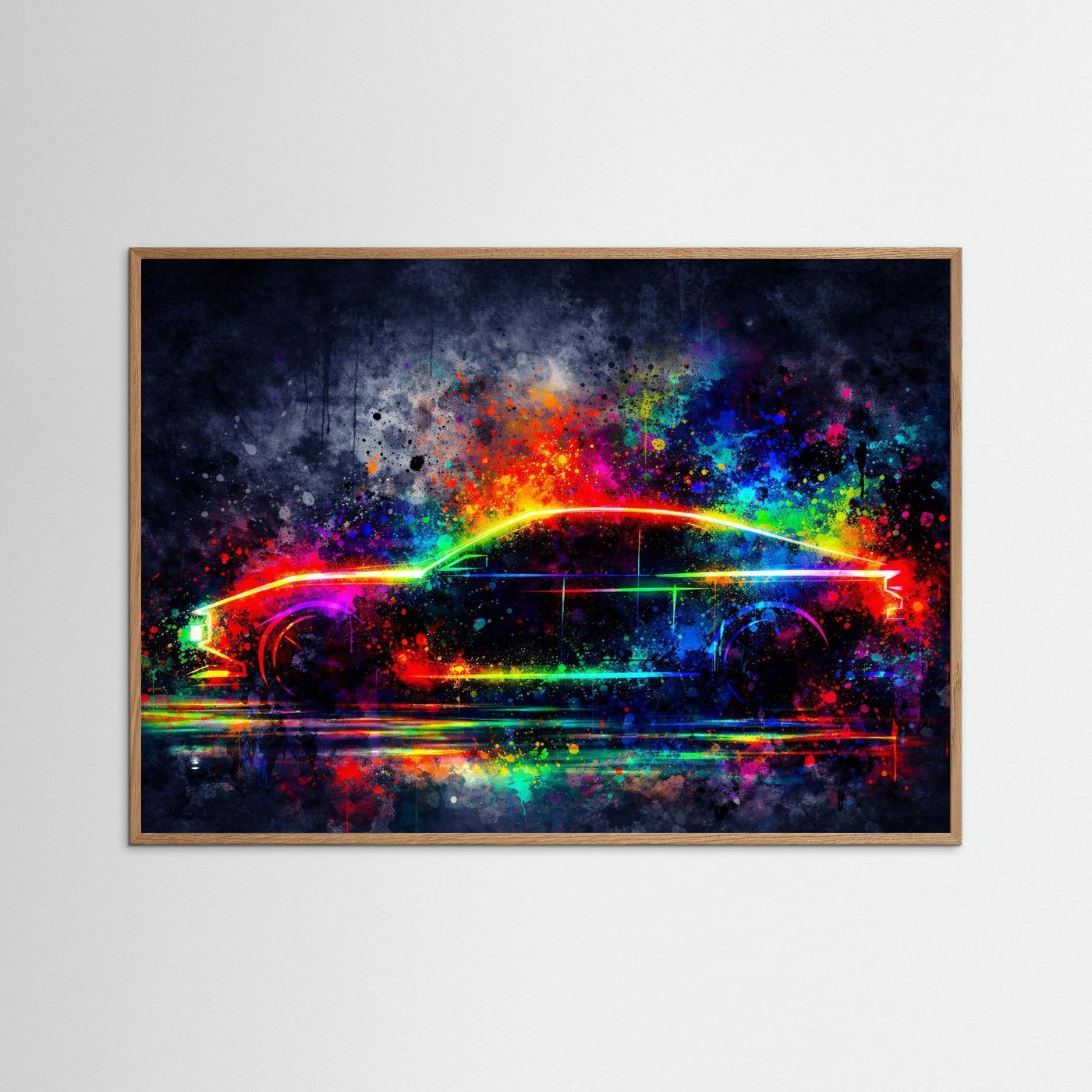 Neon Auto-Silhouette im Farbexplosion-Stil | Minimalistische Sportwagen Kunst Poster Querformat