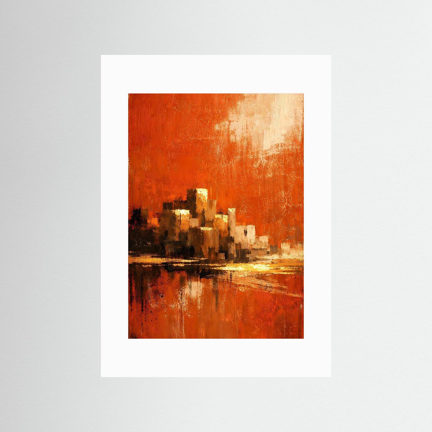 Abstraktes Hochformat-Kunstposter mit terrakotta-orangem Küstenmotiv, goldenen Highlights und weißem Rand