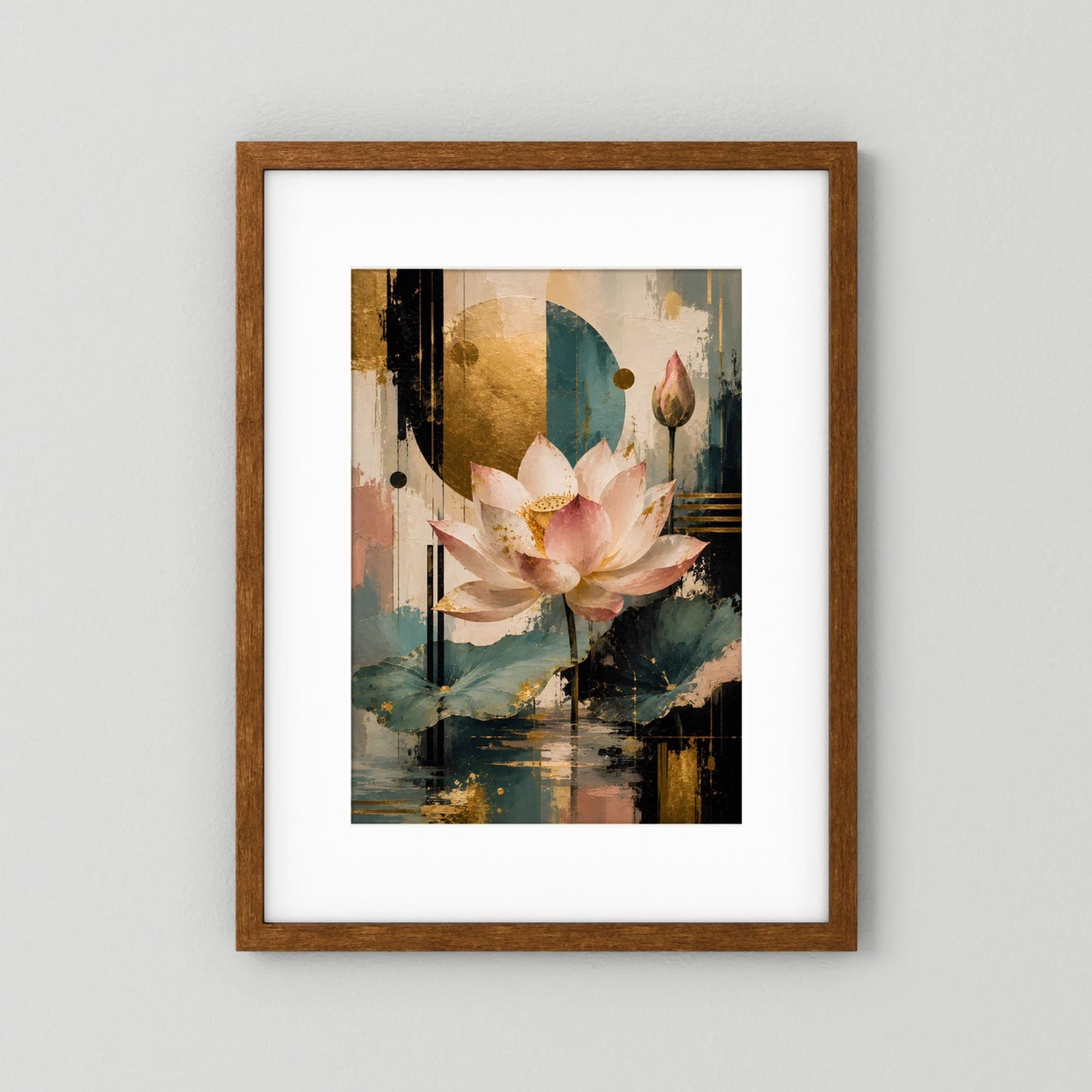 Gerahmtes Lotusblüten-Poster mit dunklem Holzrahmen: Rosa Blüte, Gold und Türkis, abstrakte Kreise.