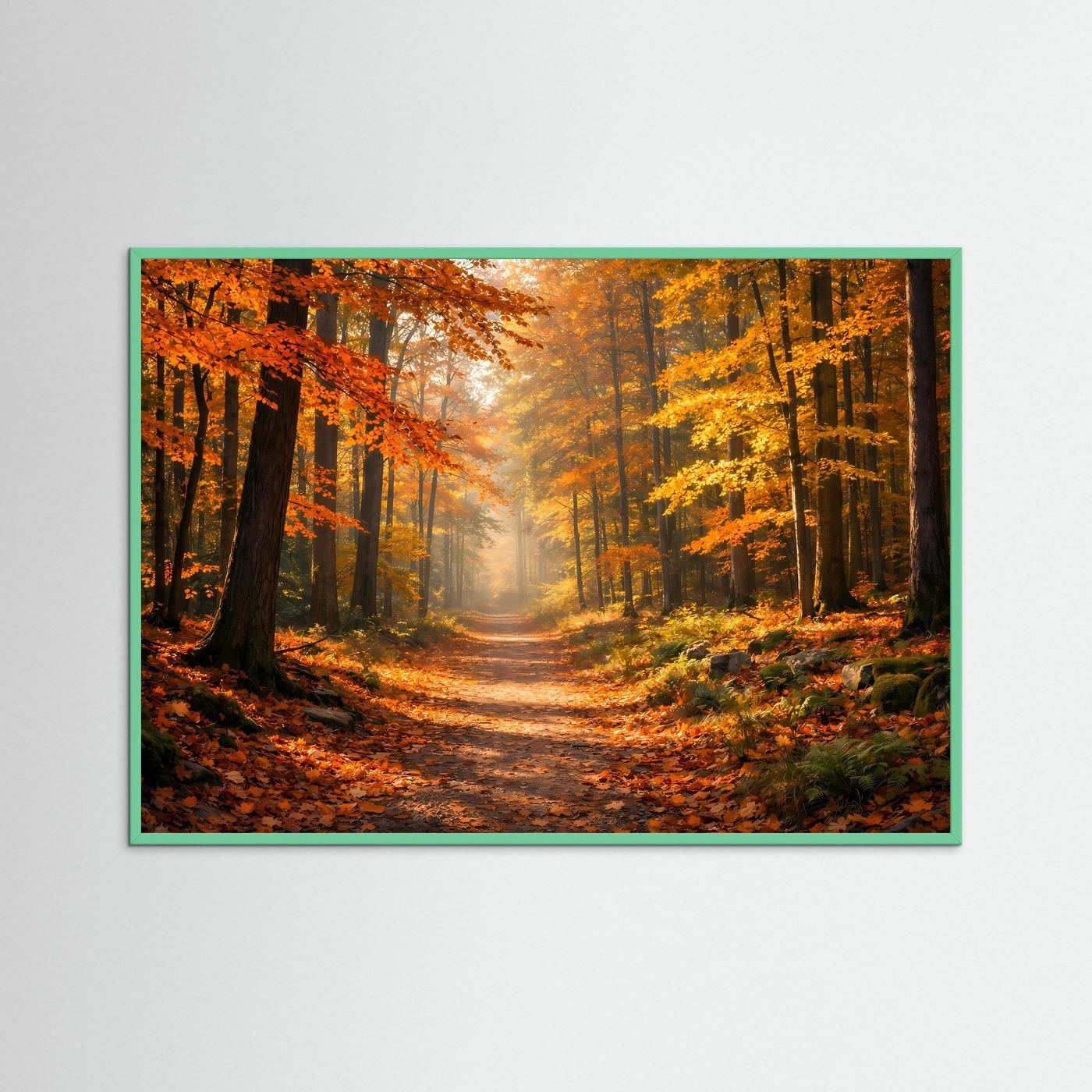 Querformatiges Wald-Wandbild mit Herbstweg und bunten Bäumen, mit grün abgesetztem Rahmen