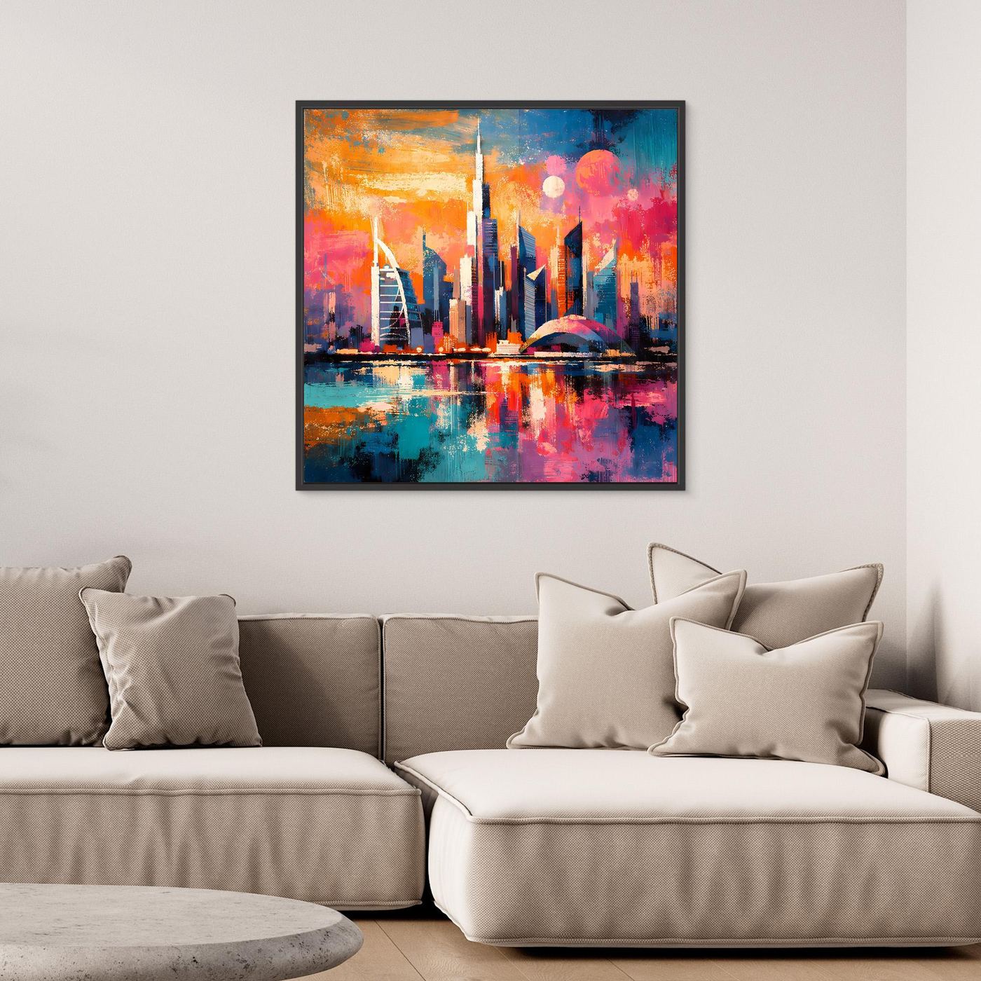 Buntes Leinwand-Wandbild: Skyline bei Nacht, kräftige Pink- und Blautöne mit Reflexion