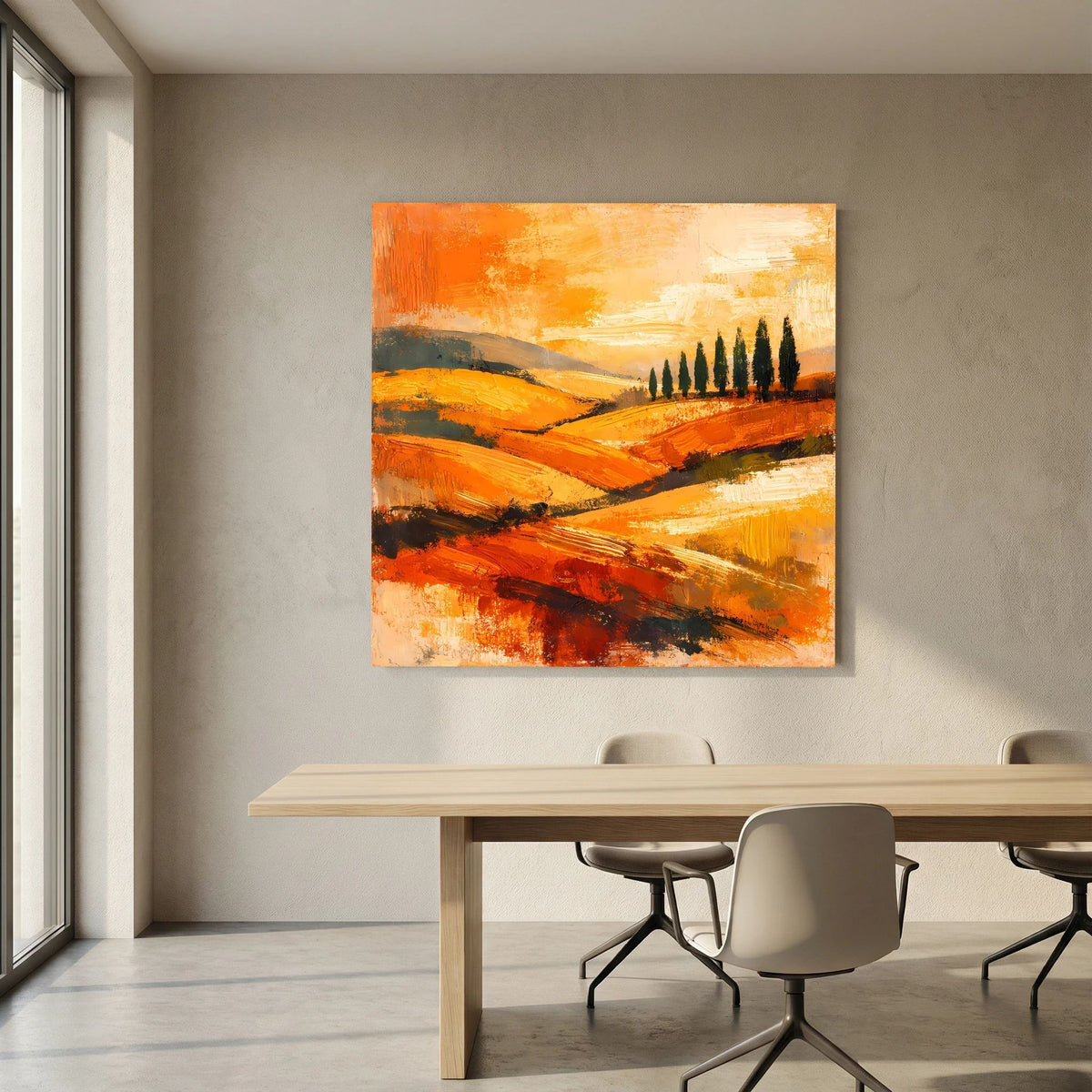 Abstraktes Leinwand-Wandbild mit orangefarbenem Himmel, Zypressenreihe und geschwungenen Hügeln