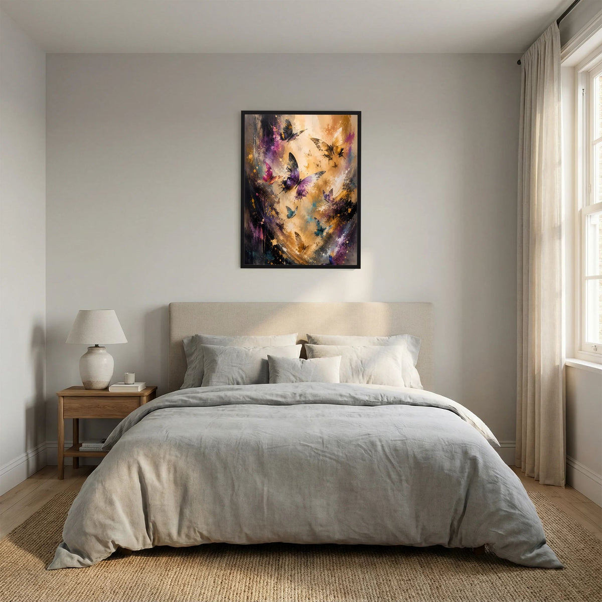 Hochformat-Poster mit Schmetterlingen in Goldtönen, Violett und Blau, schwarzer Rahmen